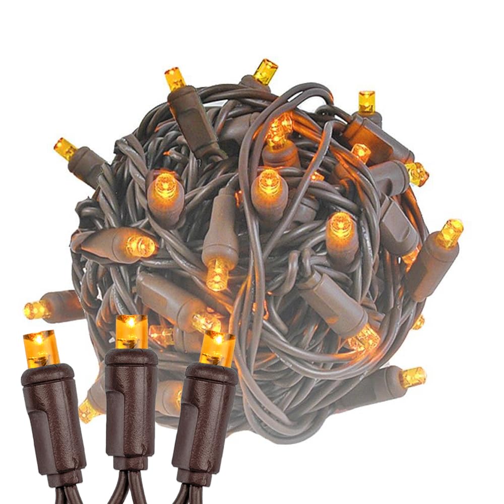 Novelty Lights 25ft Amber LED Christmas String Lights, 50 LEDs, Brown Wire, Dimmable, Connectable, UL Listed, IP55