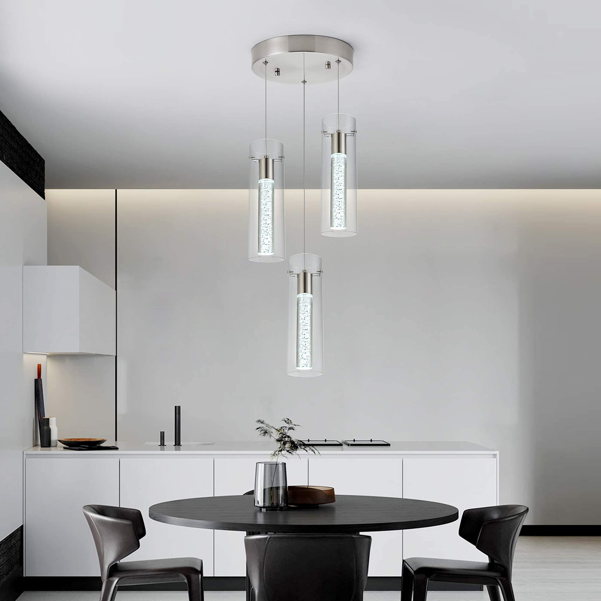 votag 3-Light LED Pendant Ceiling Fixture, Brushed Nickel, Adjustable Length, Model PI-0172, for Kitchen Island & Dining Room