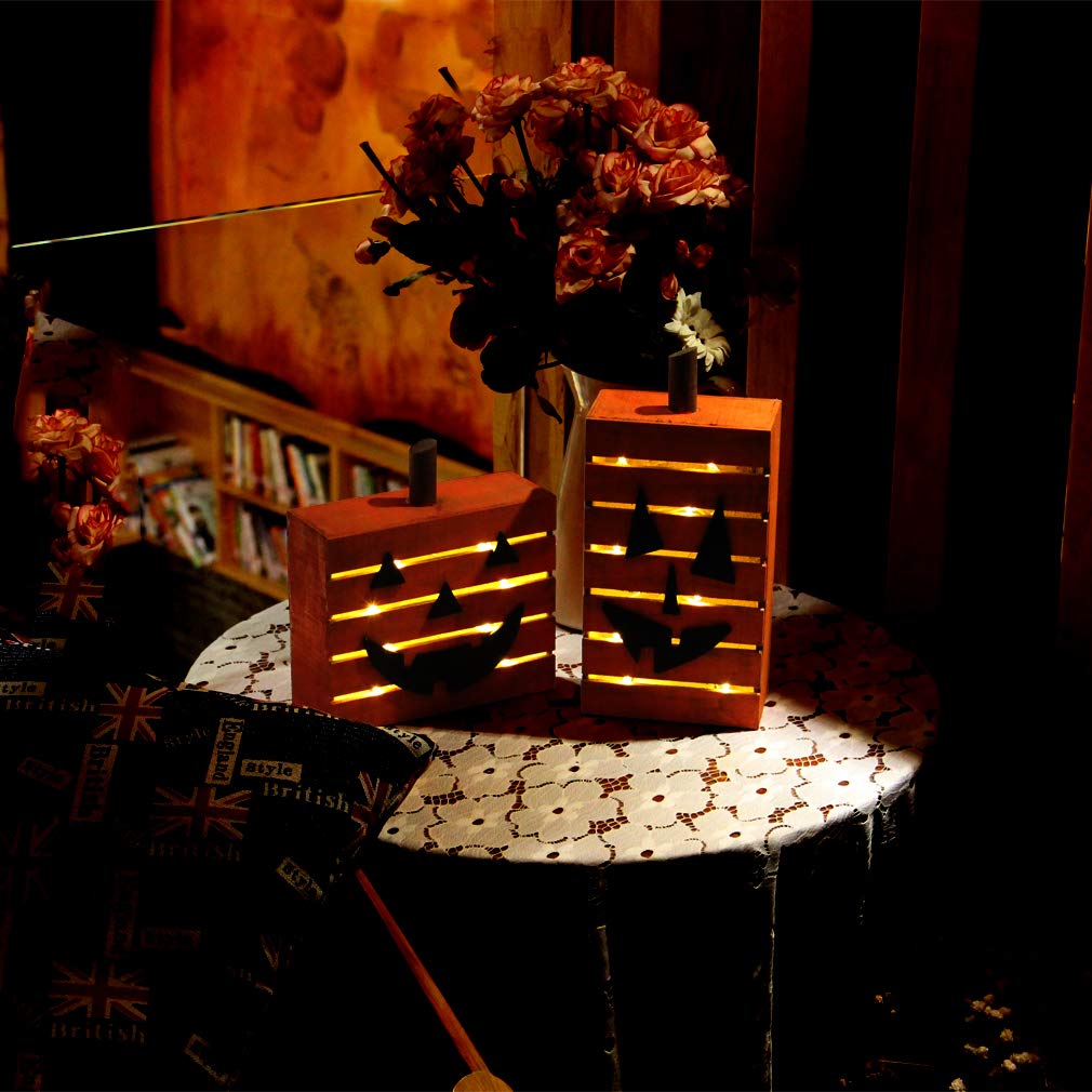 Mortime 2 Pack Pumpkin Wooden Light Halloween Decorations, Harvest Fall Thanksgiving Party Decoration With Led Light