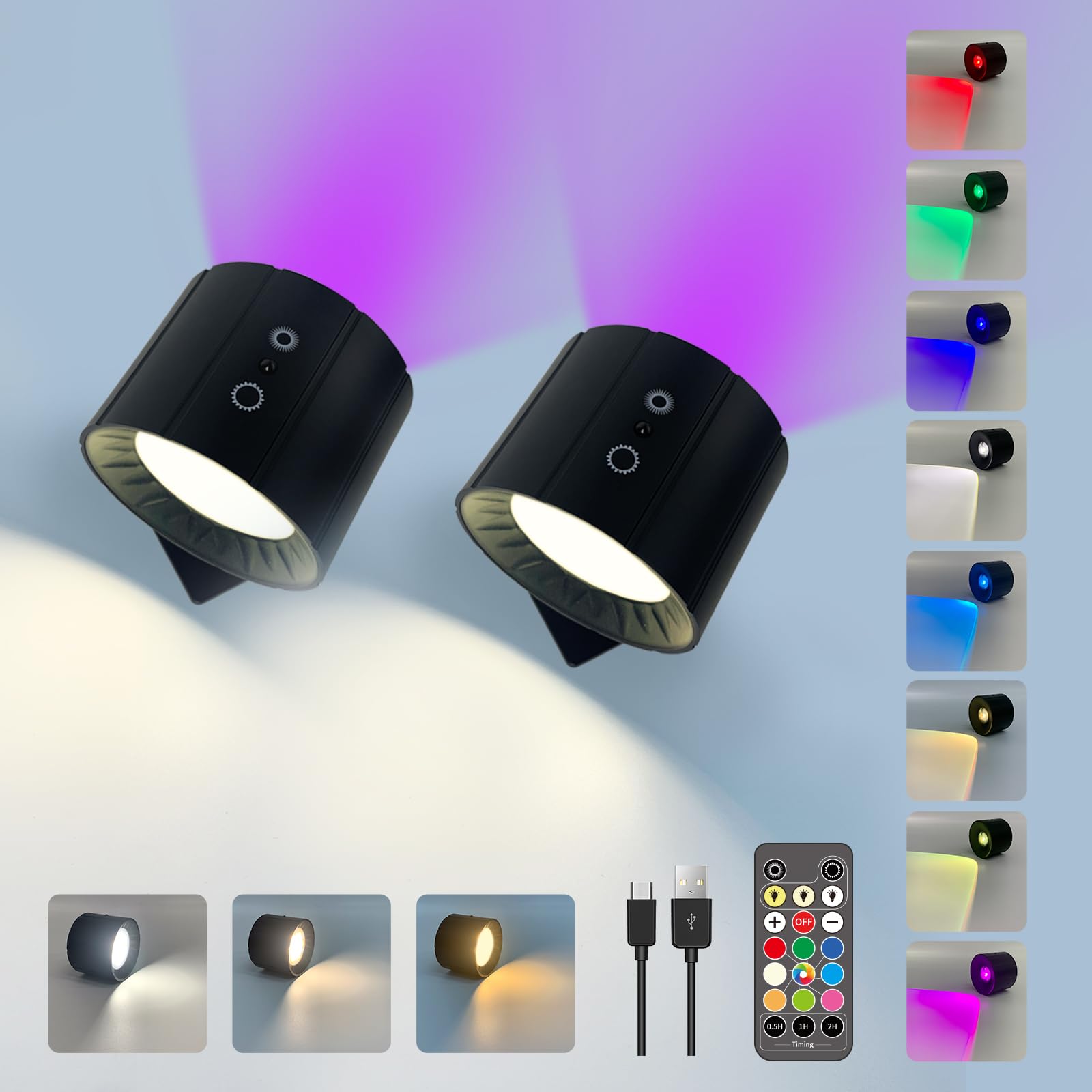 Leastyle Battery Operated Wall Sconces Rechargeable Wall Mounted Lights,Rgbw & 3 Color Temperatures Double-Sides Wall Lights,Dim