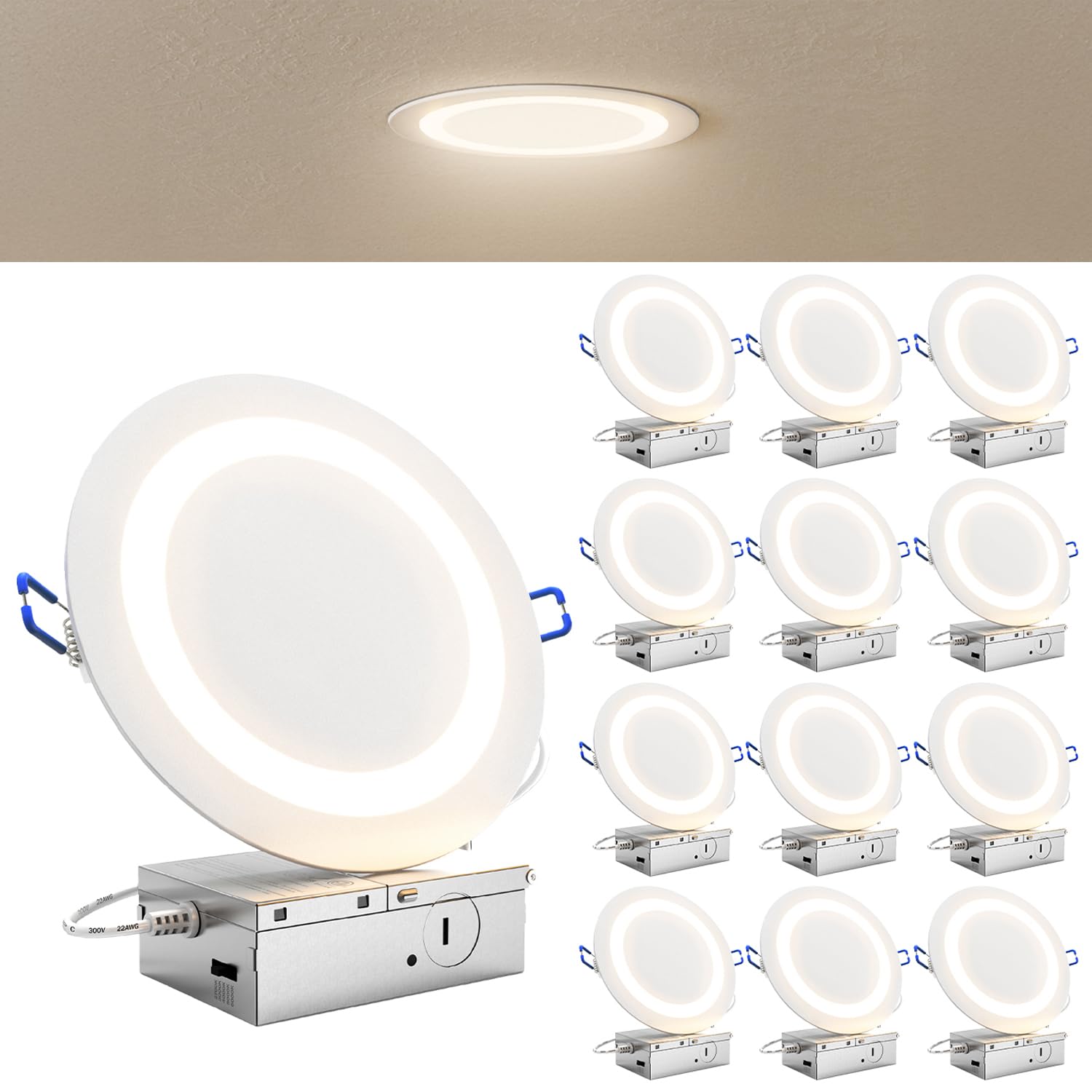 Sunco 12 Pack 6 Inch LED Slim Ultra Thin Canless Lights, Ceiling Recessed Lighting with Metal Junction Box, 900 LM, Selectable C