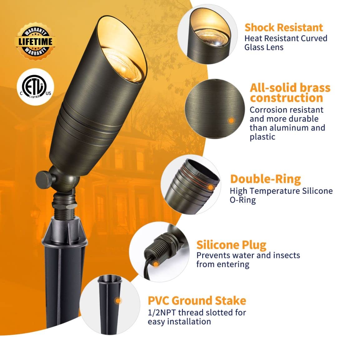 Gardenreet Brass Landscape Lighting Kit (4 Pack Led Spotlights) With 75W Low Voltage Transformer And Mechanical Timer And 100 Feet Cable And 20 Pack Wire Connectors For Outdoor Garden Patio