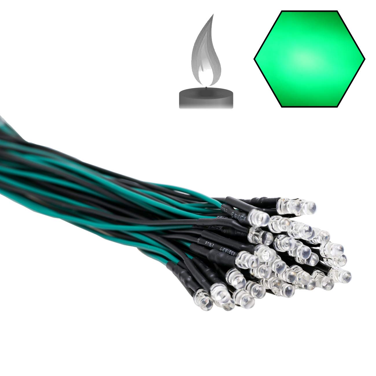 EDGELEC 30pcs 12 Volt 3mm Green Flicker LED Lights Emitting Diodes (Candle Flickering Lights) Pre Wired 7.9 inch DC 12v LED Light Clear Lens Small LED Lamps