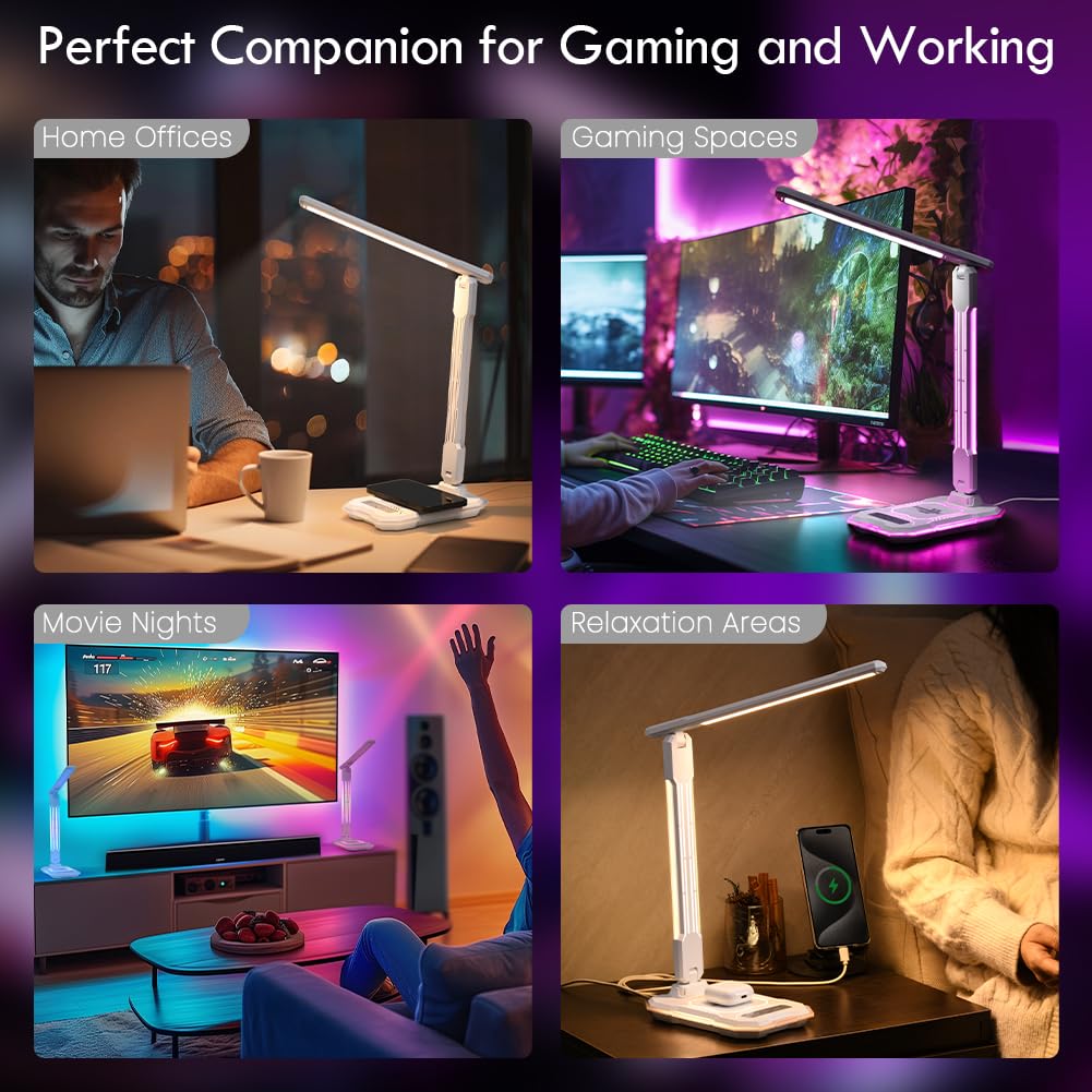 Wilit Color Changing Desk Lamp, Rgb Foldable Gaming Light With Sound Reactive, 10W Wireless & Usb Charging Port, Adjustable Arm,
