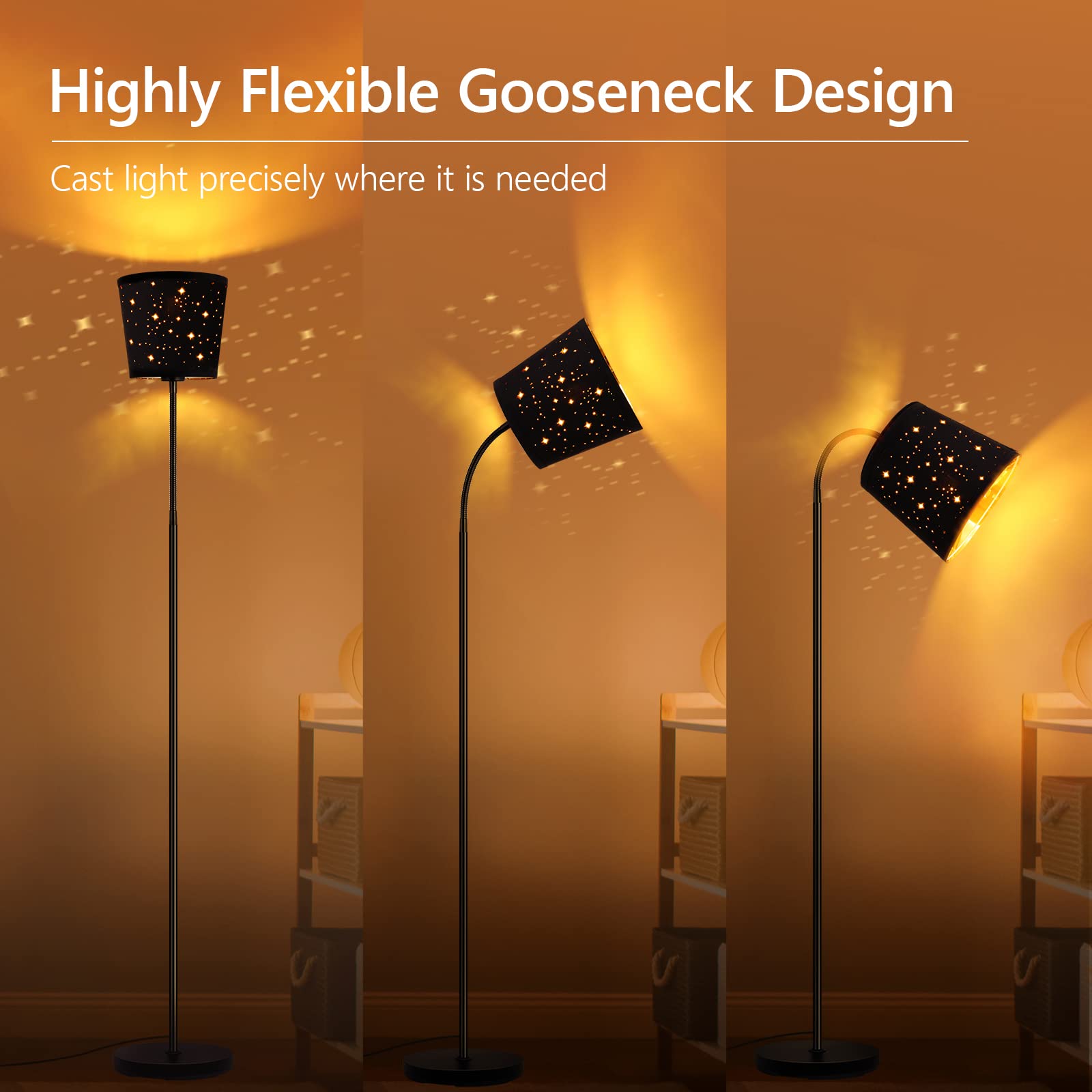 AUQUEE LED Floor Lamp, Adjustable Gooseneck, Metal, Star Shade, Modern Reading Light, 6W Bulb Included