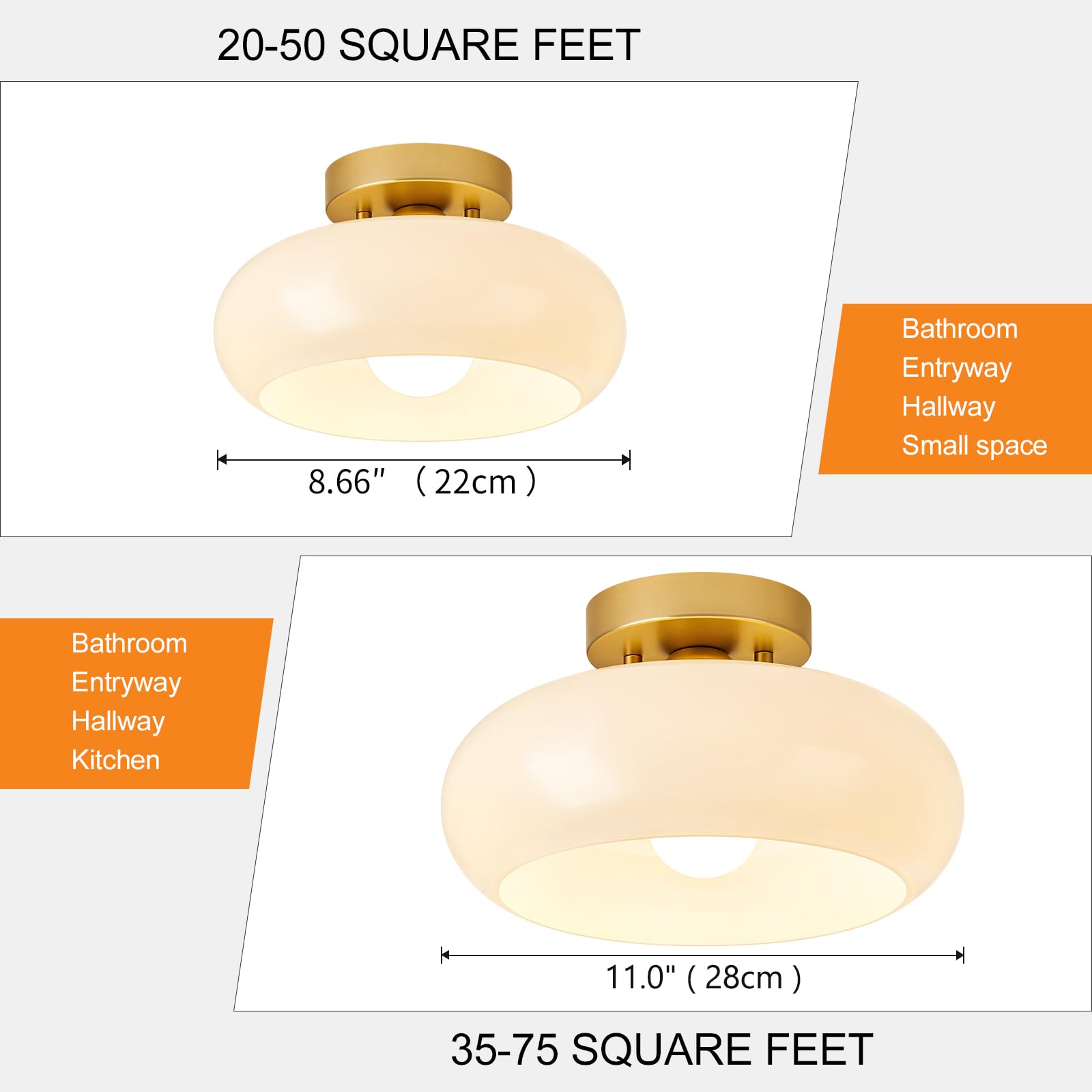 Woknos Mid-Century Modern Gold Semi Flush Mount Ceiling Light, Kitchen Ceiling Light Fixture With Glass Shade, Vintage White Close To Ceiling Lamp For Entryway Hallway Bathroom (8.66 Inch)