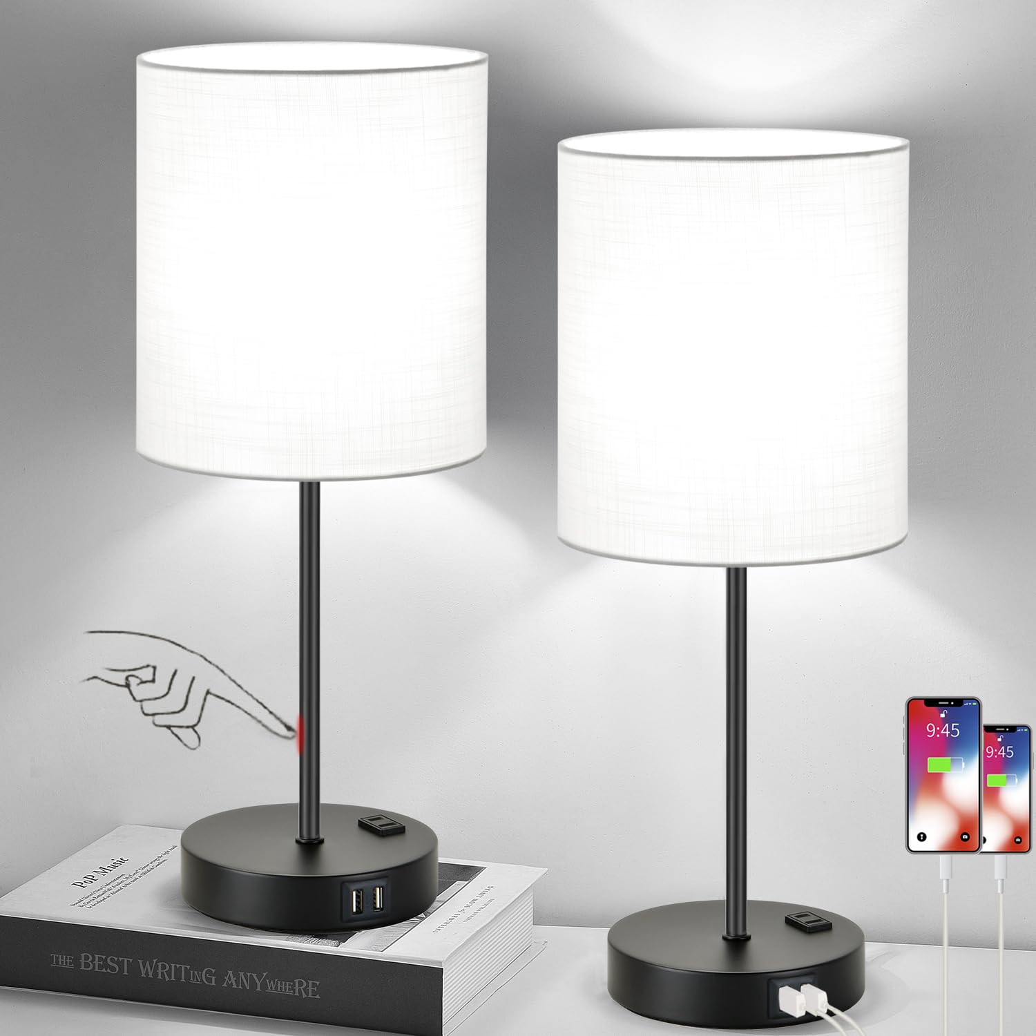 Lynnoland ???????? ?????? Set of 2 Touch Control Table Lamps with 2 USB & AC Outlet, 3-Way Dimmable Bedside Nightstand Lamps for