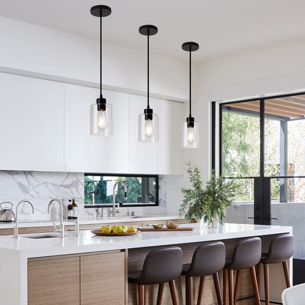 Klss Modern Black Farmhouse Clear Glass Cylinder Pendant Light Fixture,Mini Pendant Lighting For Kitchen Island Decor - 4.75 Inc