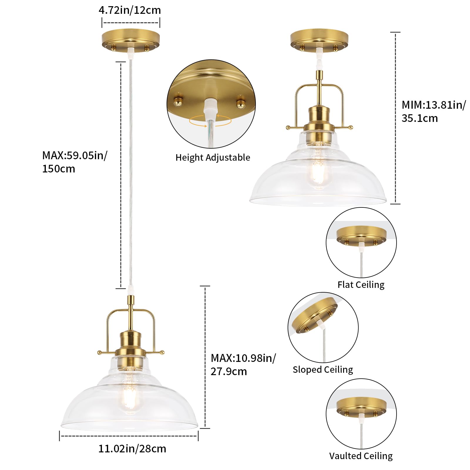 WILON Brass Gold Pendant Light Fixture, Modern Industrial Design, 11'' Size, Vintage Style for Kitchen, Dining Room, Entryway