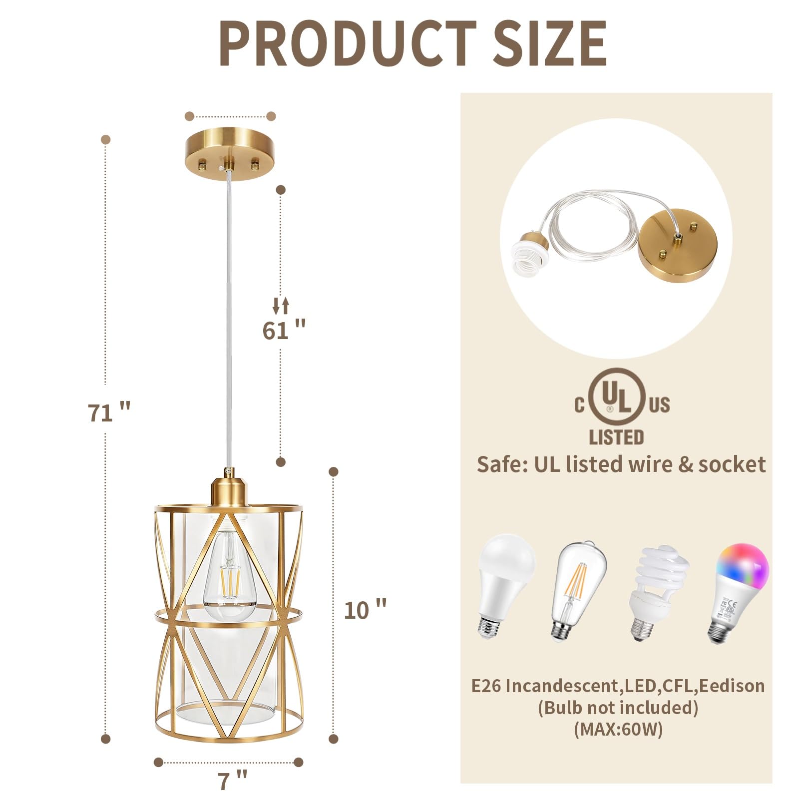 Zlierop Brushed Gold Pendant Light, Modern Kitchen Pendant Lighting Over Island, Pendant Lighting With Clear Glass Shade, Glass