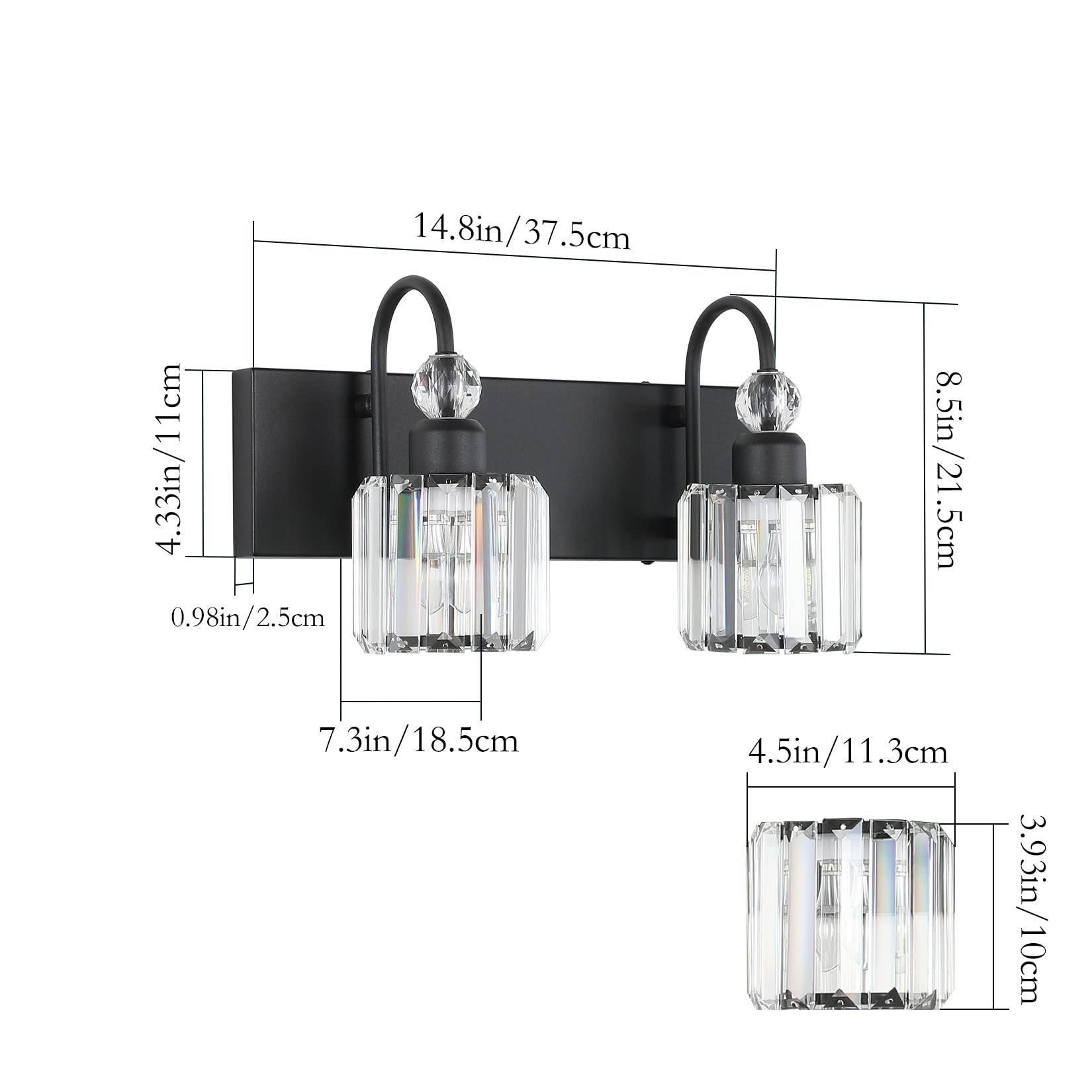 Ralbay 2-Light Vanity Light, Modern Crystal Wall Fixture, Matte Black, Model 8600, Round-Black Metal Bathroom Lighting