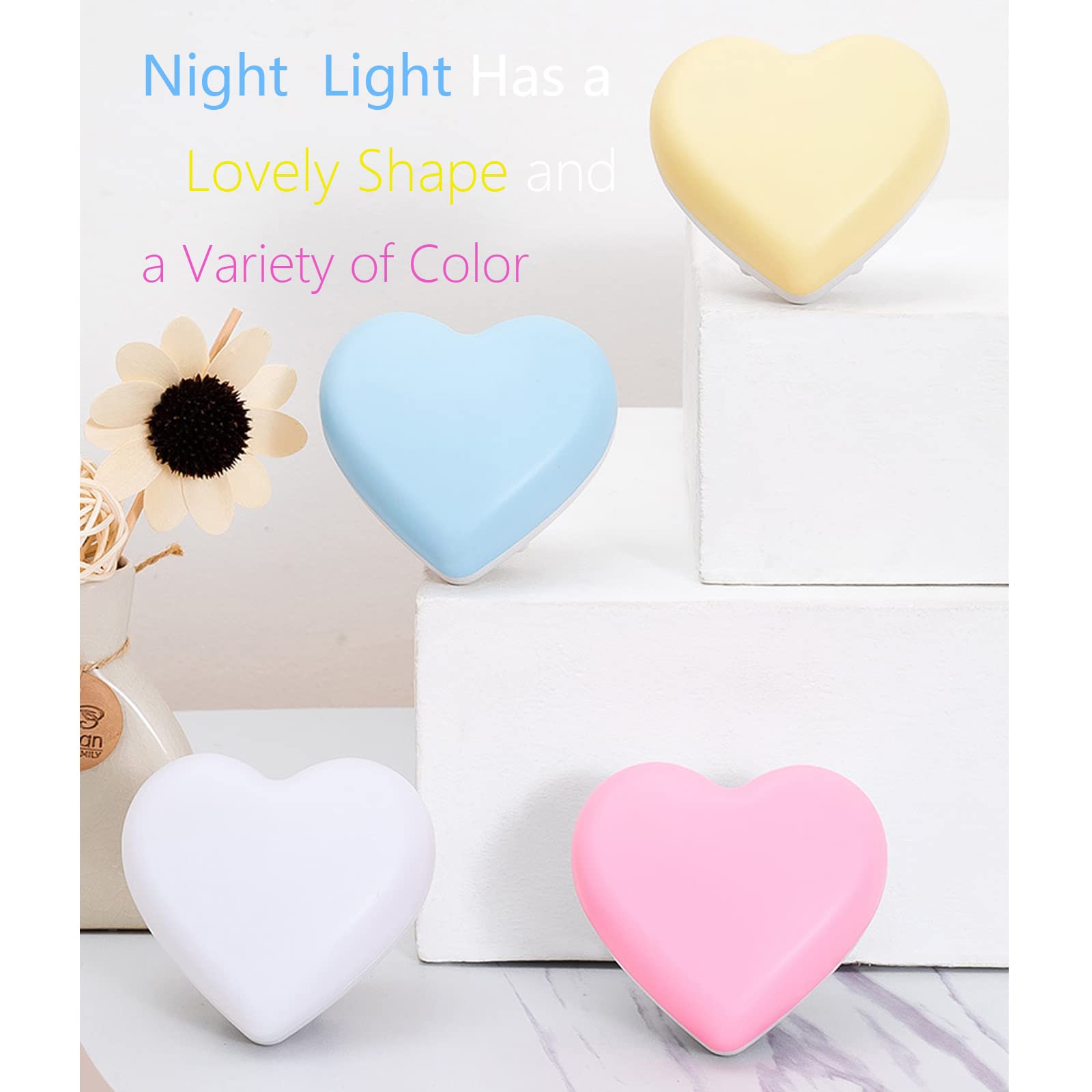 Cute Night Lights, Heart Shape Nursery Nightlight With Light Sensors, Auto Dusk To Dawn Sensor, Soft Warm White, Ideal Nightligh