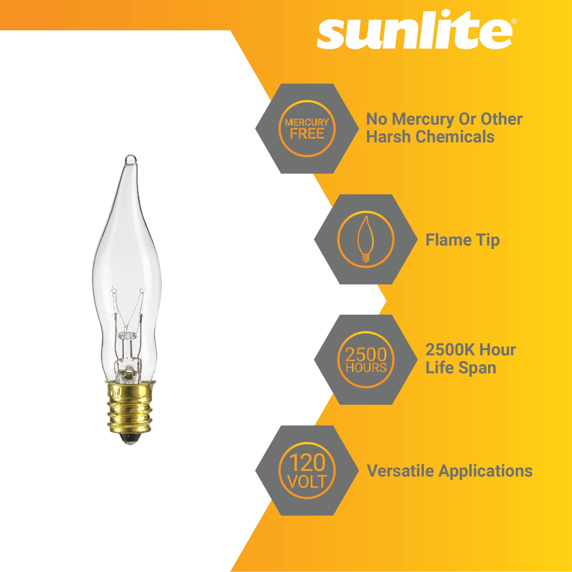 Sunlite 40342 Incandescent Petite Flame Tip Chandelier Light Bulb, 7 Watts, Candelabra Base (E12), Dimmable, For Chandeliers, Sc