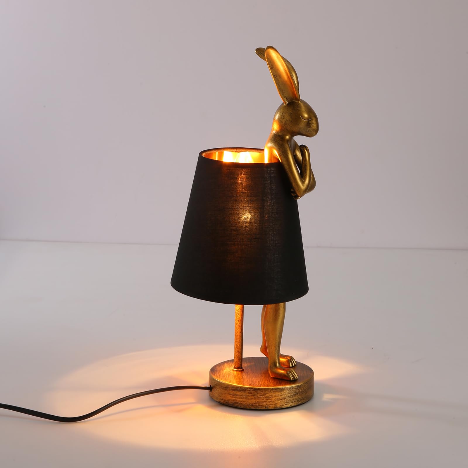 Nordiem Cute Rabbit Animal Table Lamp, Creative Gold Resin Apron Led Desk Light,White/Black Linen Shade,15.7'', Home Decor Eye P
