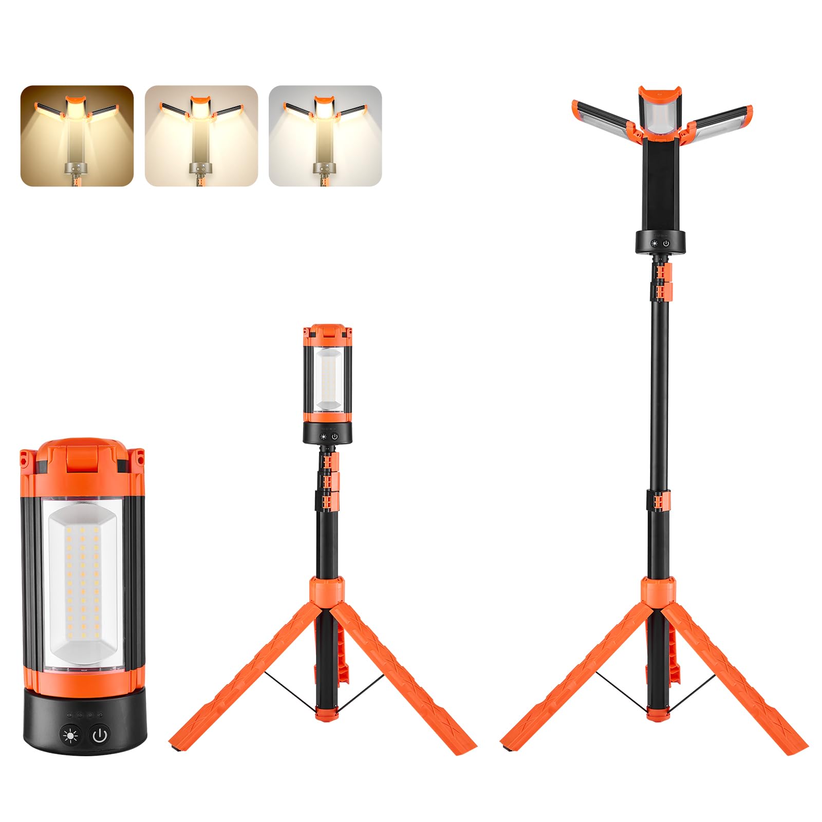 VEVOR LED Work Light with Stand, 6Ah, Rechargeable Cordless Camping Light, with 3 Lamp Heads, Detachable Tripod Stand, 2200 Lume