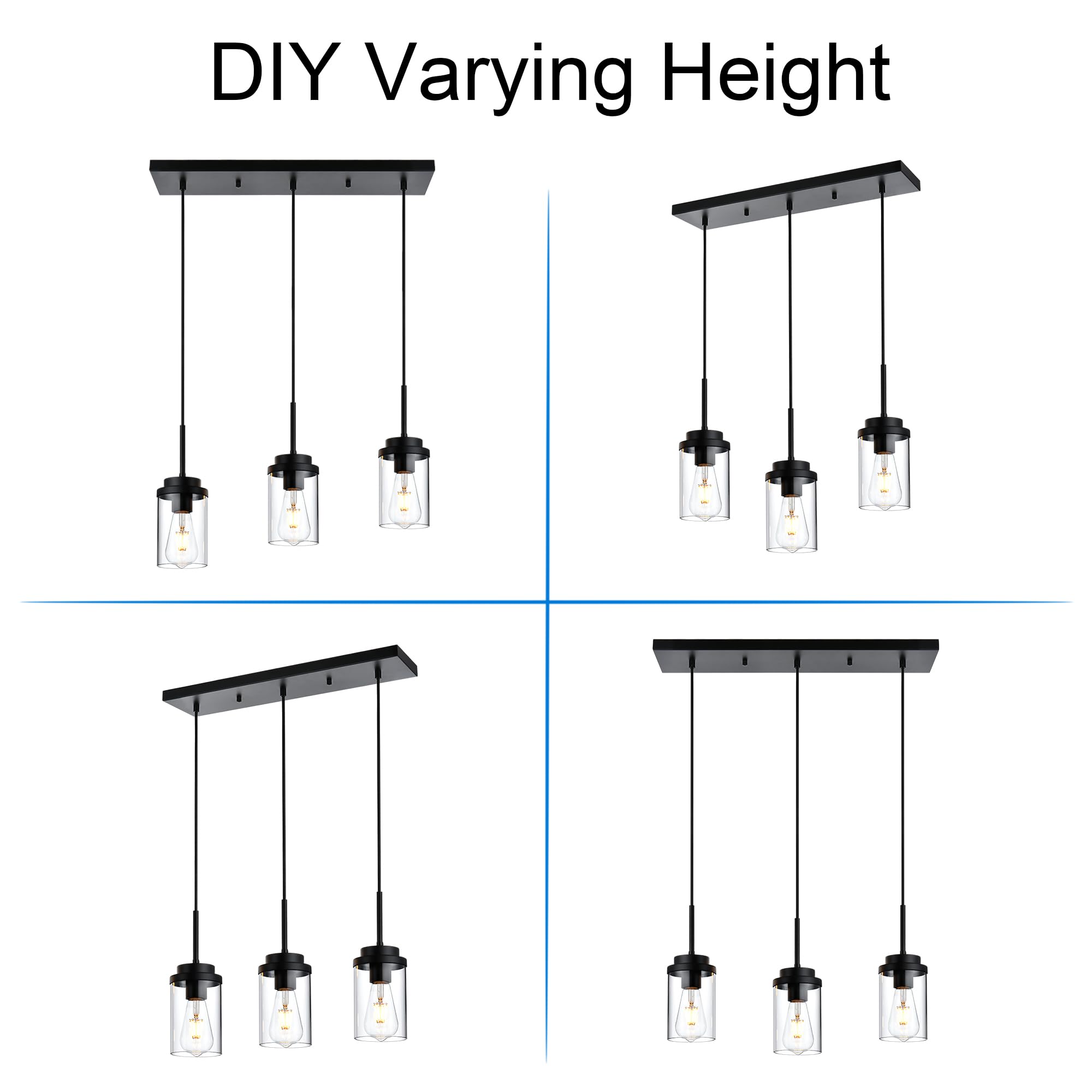 MELUCEE Linear Chandelier, 3 Lights, Black Finish, Glass Shade, 23.6in Length, Model 4-4501-3RD-BL
