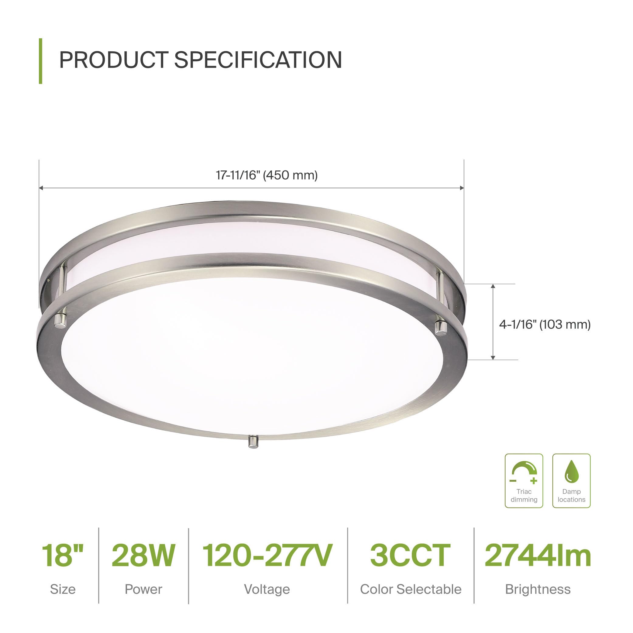 Asd Led 18 Inch Round Flush Mount Light Fixture | 28W 2750Lm 3000K-5000K 100-277V | 3Cct, Dimmable, Energy Star, Etl Listed | Cl