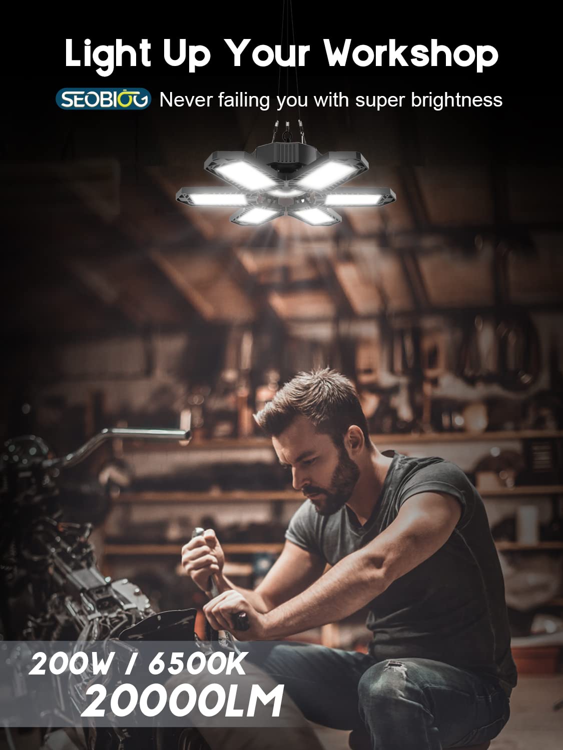 SEOBIOG LED Garage Lights 6 Pack, 200W 20000LM, 6500K Linkable Shop Light, Black, Model PLLGL0006