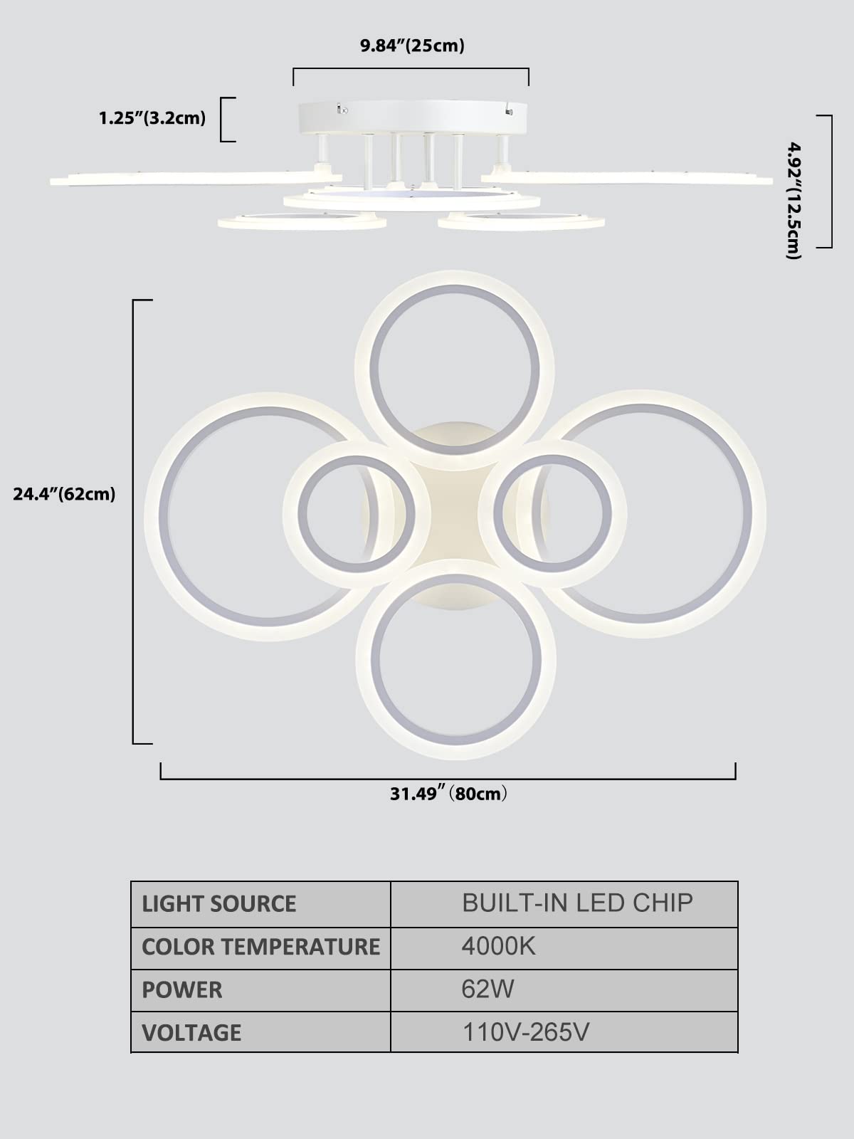 Vikaey Modern Led Flush Mount Ceiling Light, 6 Rings White Close To Ceiling Light, Lighting Fixture Ceiling Lamp For Kitchen, Living Room, Bedroom, Laundry Room, 4000K Not Dimmable