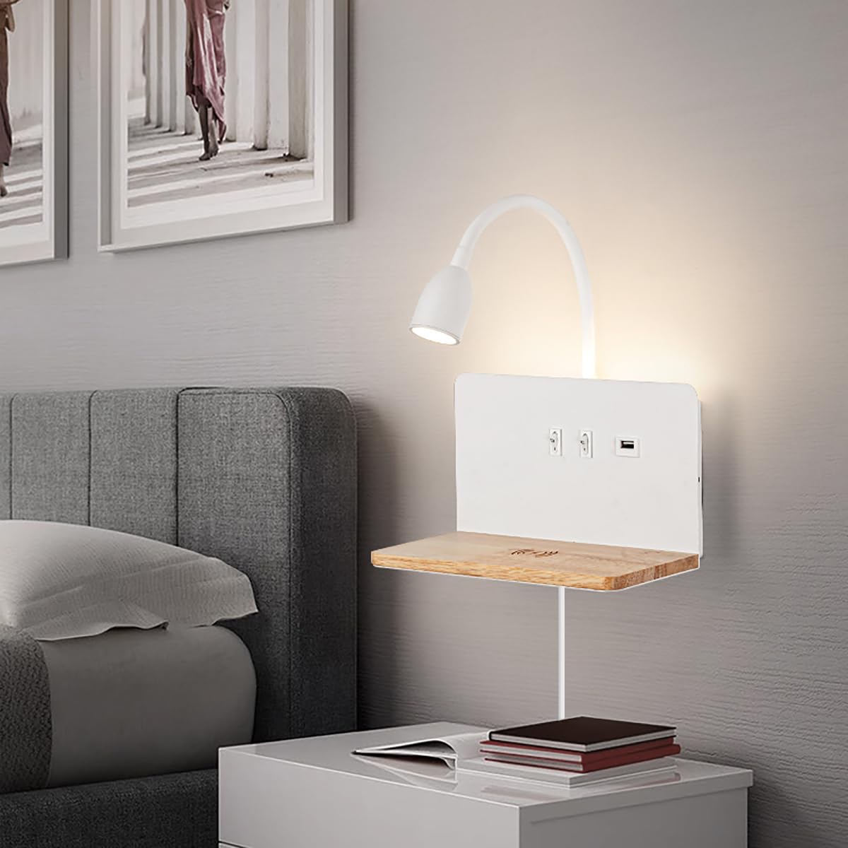 White Led Reading Wall Lights With Wireless Charging, Usb Charging Port, 3-Way Dimmable Wall Sconce Bedroom, Hardwire Or Plug-In