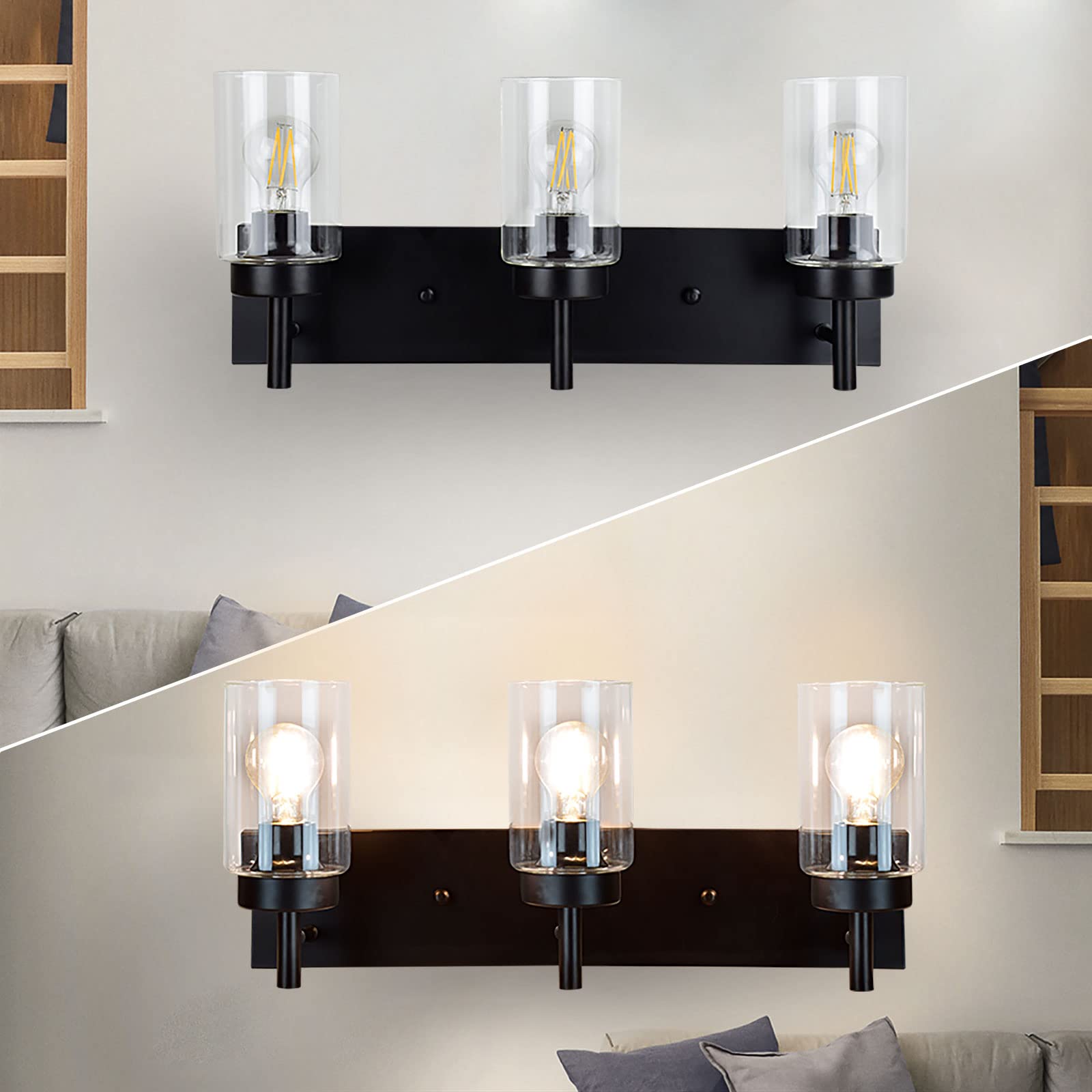 Dinglilighting Vintage 3-Light Wall Sconce, Black Metal Bathroom Vanity Light With Clear Glass Shades, Model Ws-Fnw2-60B