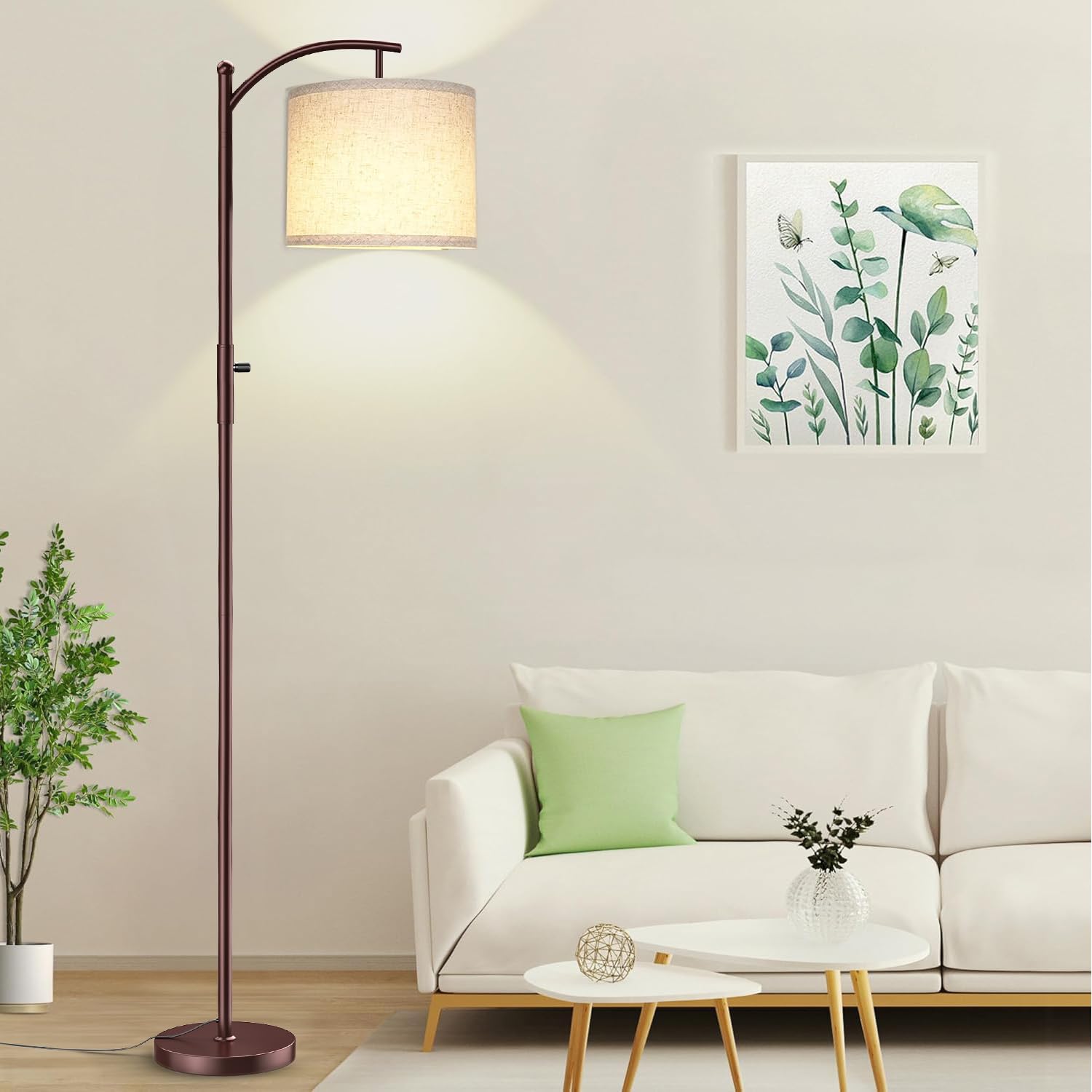 ROTTOGOON Dimmable Arc Floor Lamp, Iron Linen Shade, Tall Modern Design, Brown, Model ROFP089AZ1