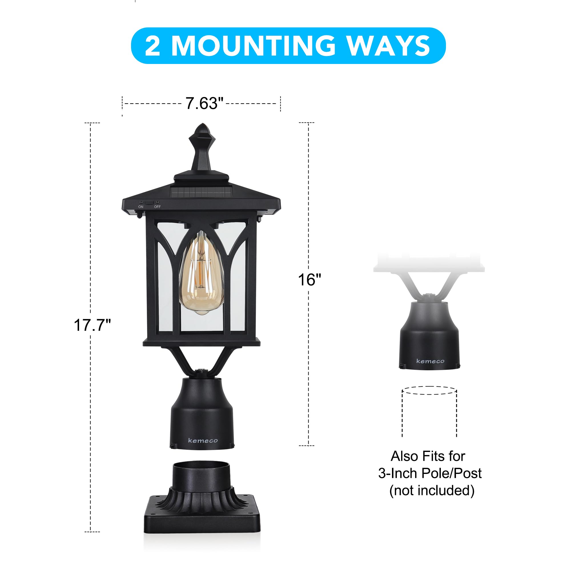 Kemeco ST4328Q Solar Post Light - Black Cast Aluminum LED Lamp Fixture for 3-Inch Fitter Base, Ideal for Yard, Garden, Driveway