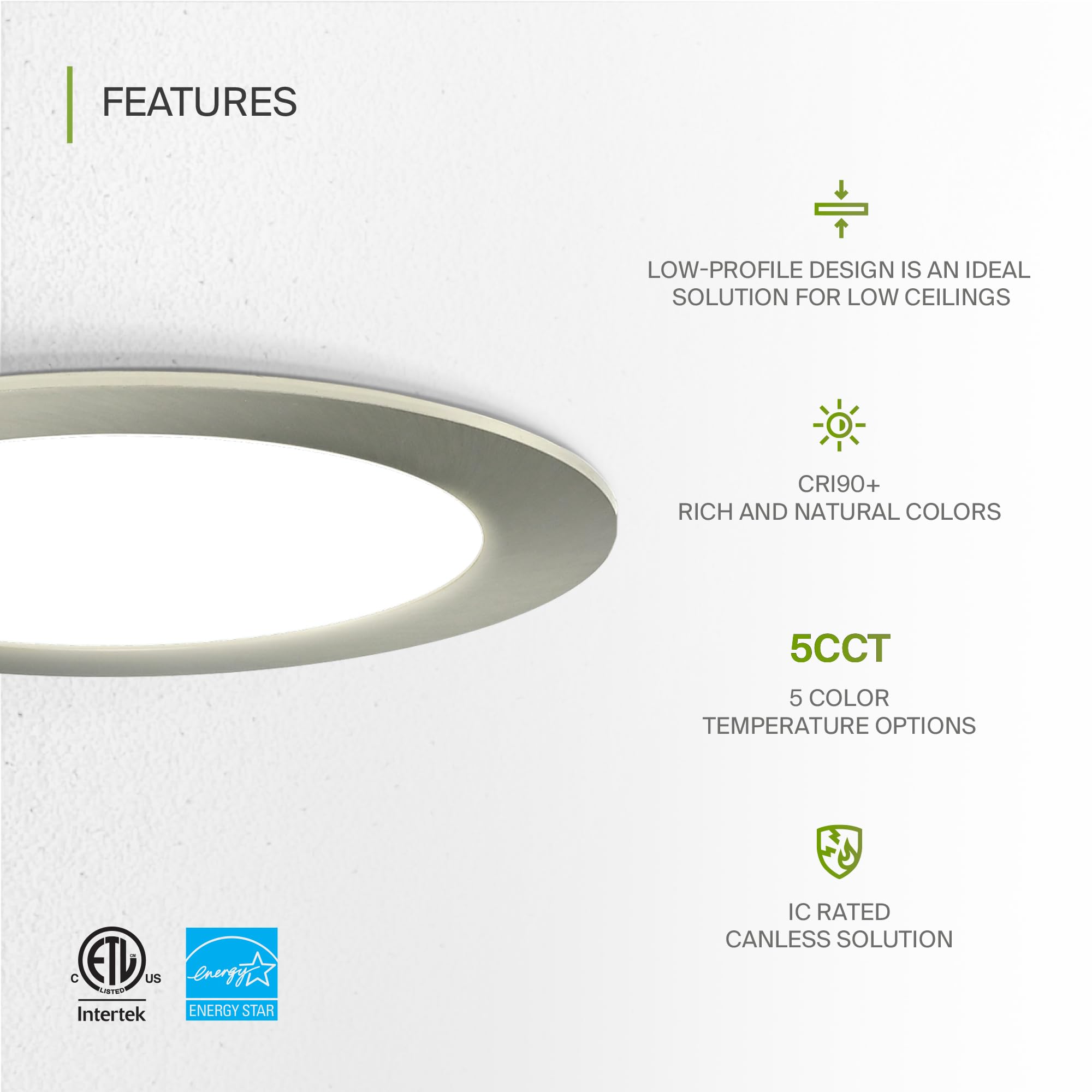 Asd 6 Pack Led Recessed Lighting 6 Inch 12W  5 Cct 2700K-5000K Cri90+  Ic Rated Ultra Thin Dimmable Ceiling Lights With J Box  Canless Wafer Downlight  Round Slim Panel Light  Energy Star Etl  Nickel