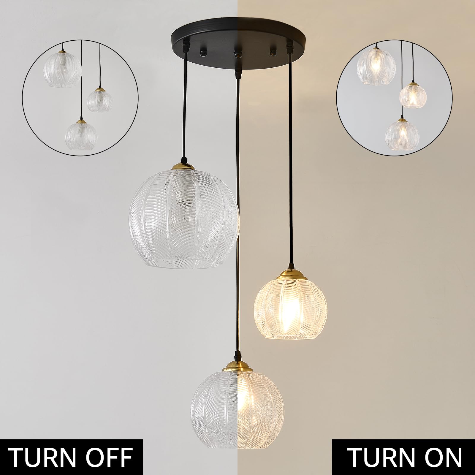 Testoys 3-Light Clear Glass Pendant Light, Globe Shade Hanging Chandelier, Hand Blown Glass Ball Pendant Light Fixtures For Kitc