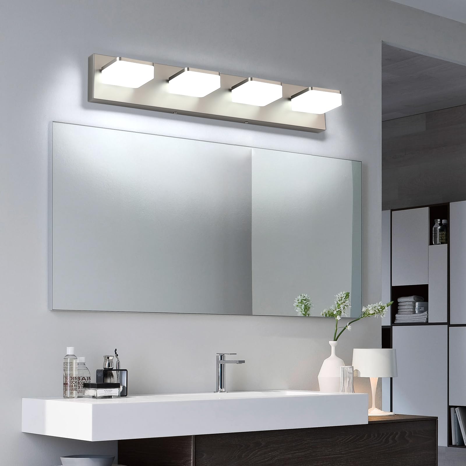 Bicrink Led Vanity Light Fixture For Bathroom  4-Light Brushed Nickel Bathroom Light Over Mirror  Modern Vanity Lighting Wall Light Fixtures