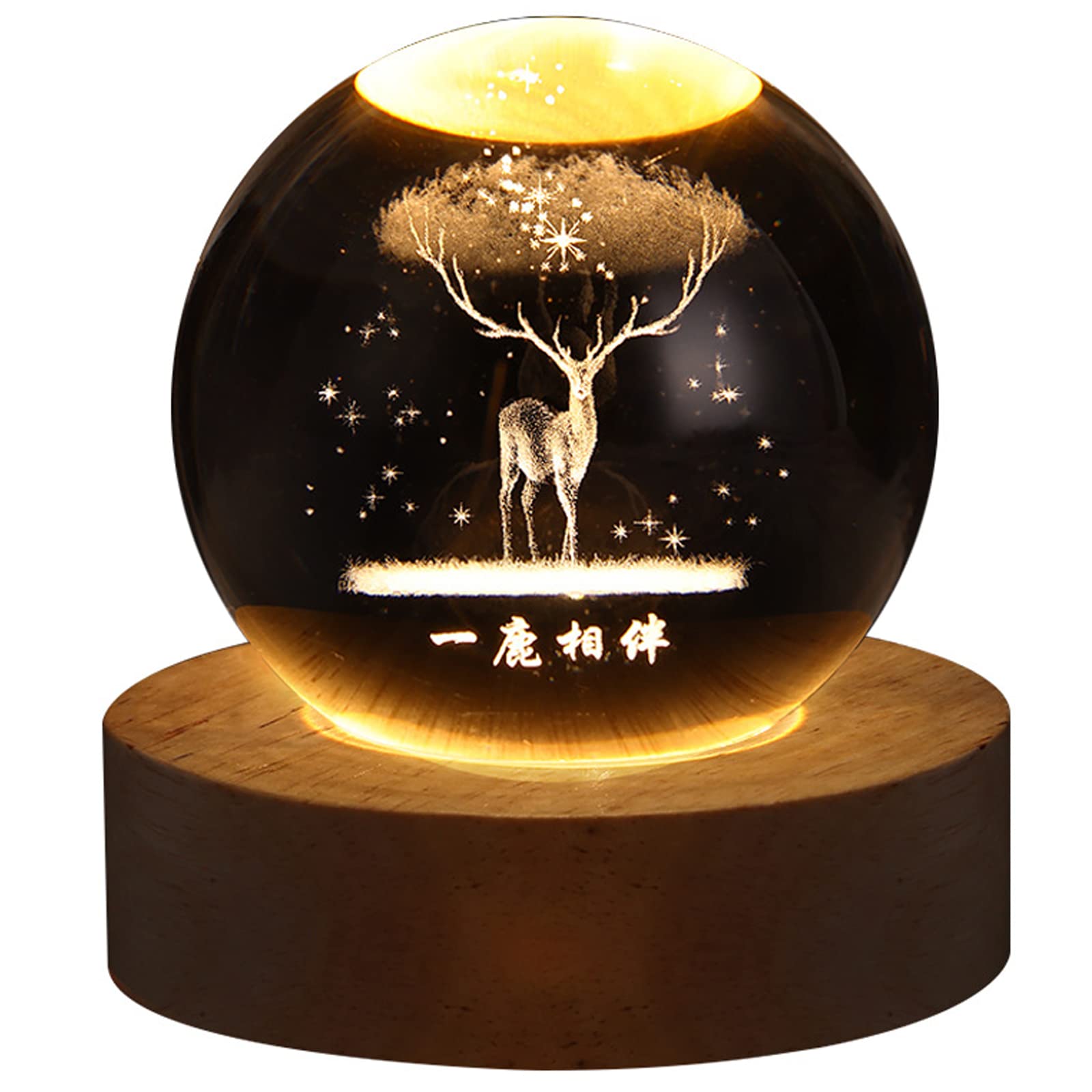 Dniebw 3D Deer Forest Crystal Ball Night Light For Kids Glass Ball Night Lamp With Wooden Base Fantasy Decoration Crsytal Ball Deer Forest Led Galaxy Planet Nightlight Bedroom Decor