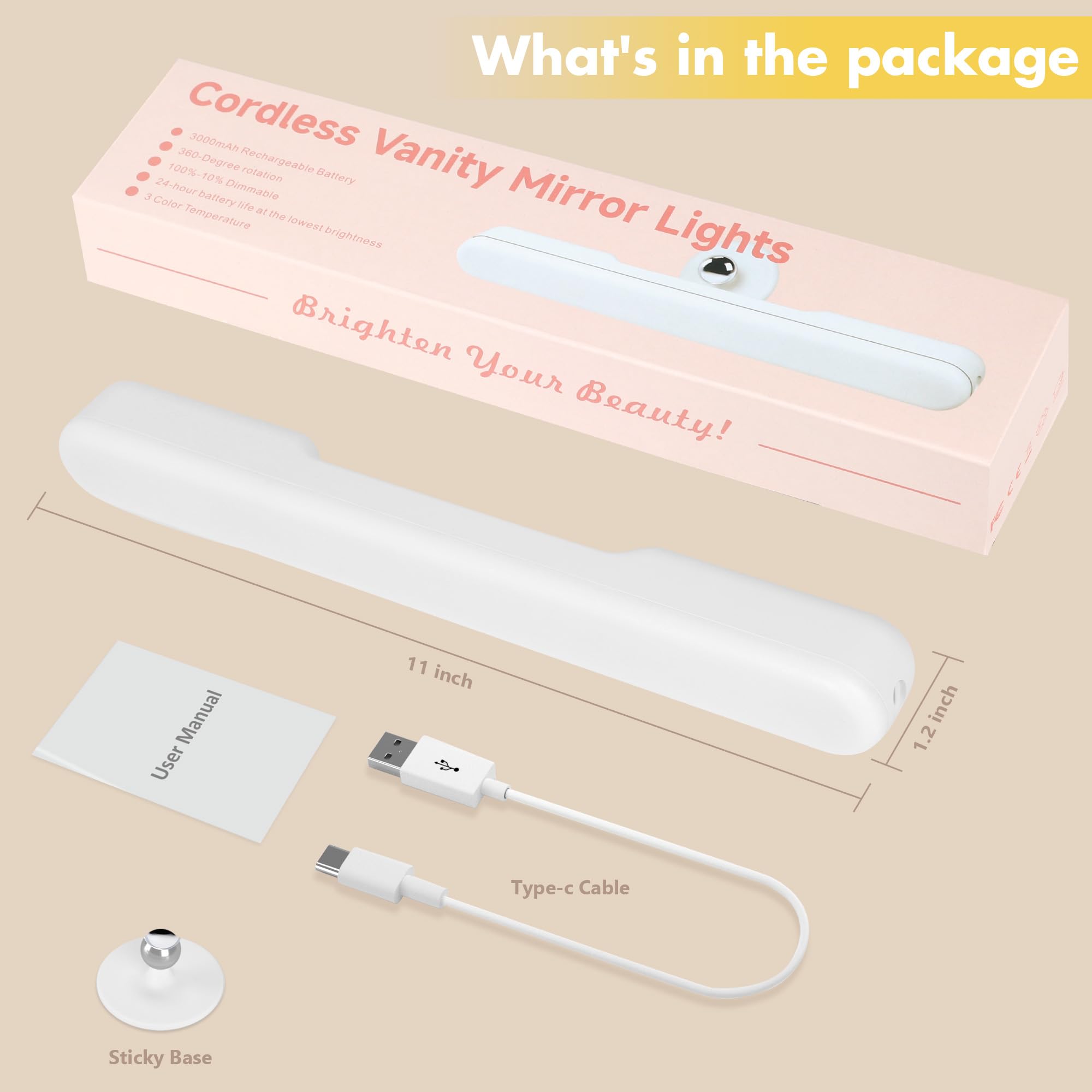 cambk Wireless Makeup Vanity Lights - Rechargeable LED Light Bar, 3 Color Temps, Adjustable Brightness, White, Model M0064A1-ck-video