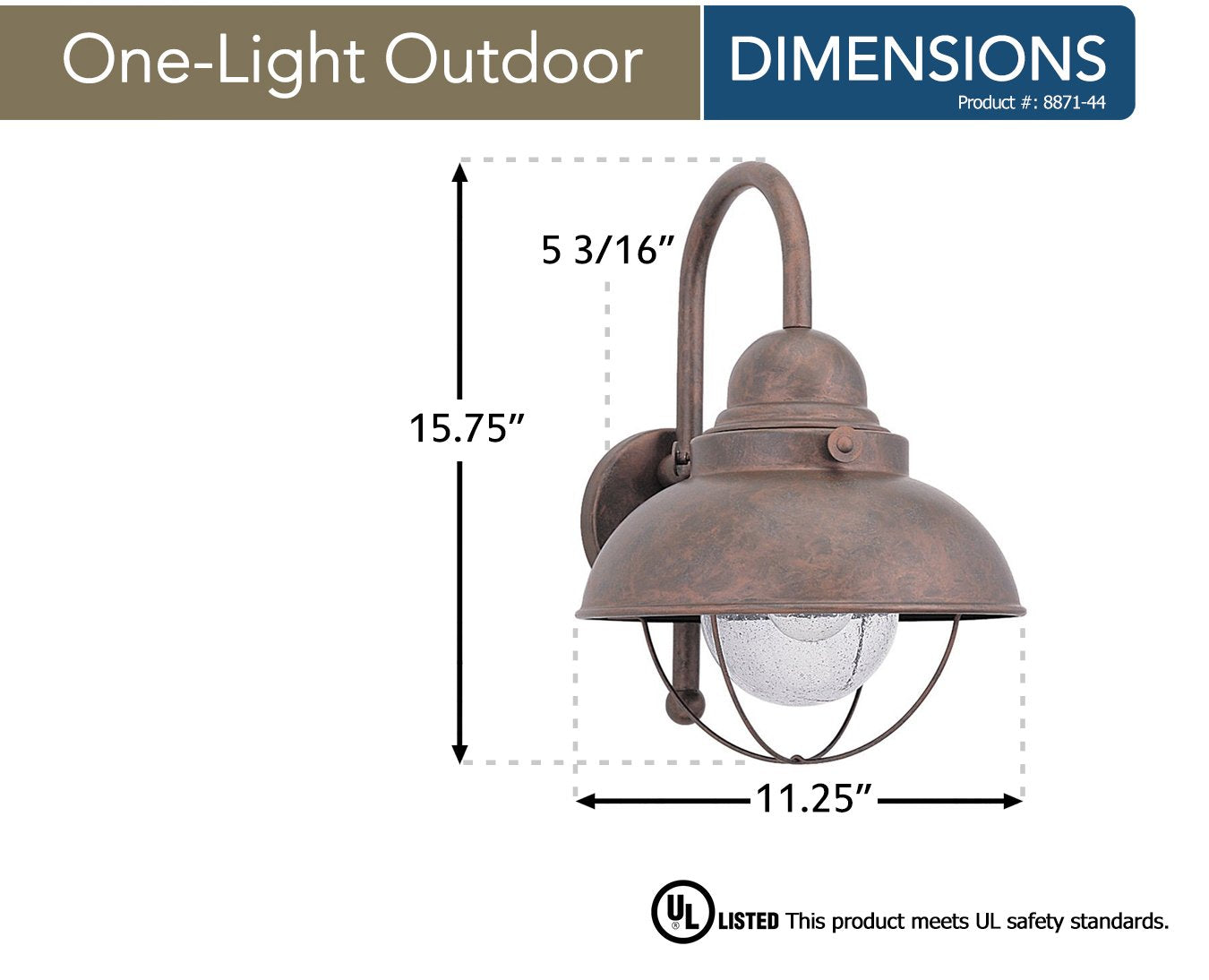 Sea Gull Lighting 8871-44 Sebring One-Light Outdoor Wall Lantern With Clear Seeded Glass Diffuser, Weathered Copper Finish