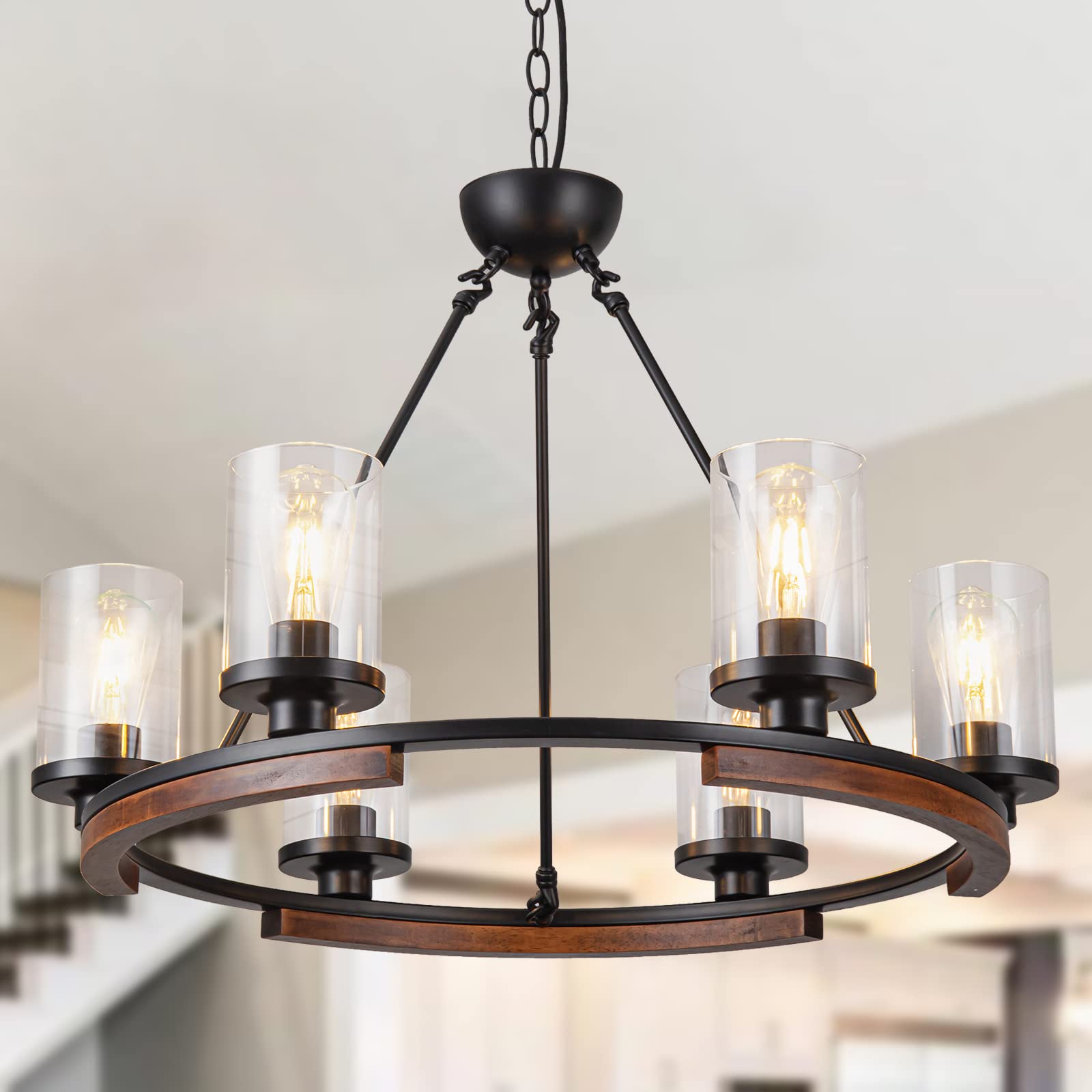 NSRCE Rustic 28-Inch Round Chandelier, 6-Light Matte Black Metal Pendant Light Fixture for Kitchen, Dining Room, Entryway