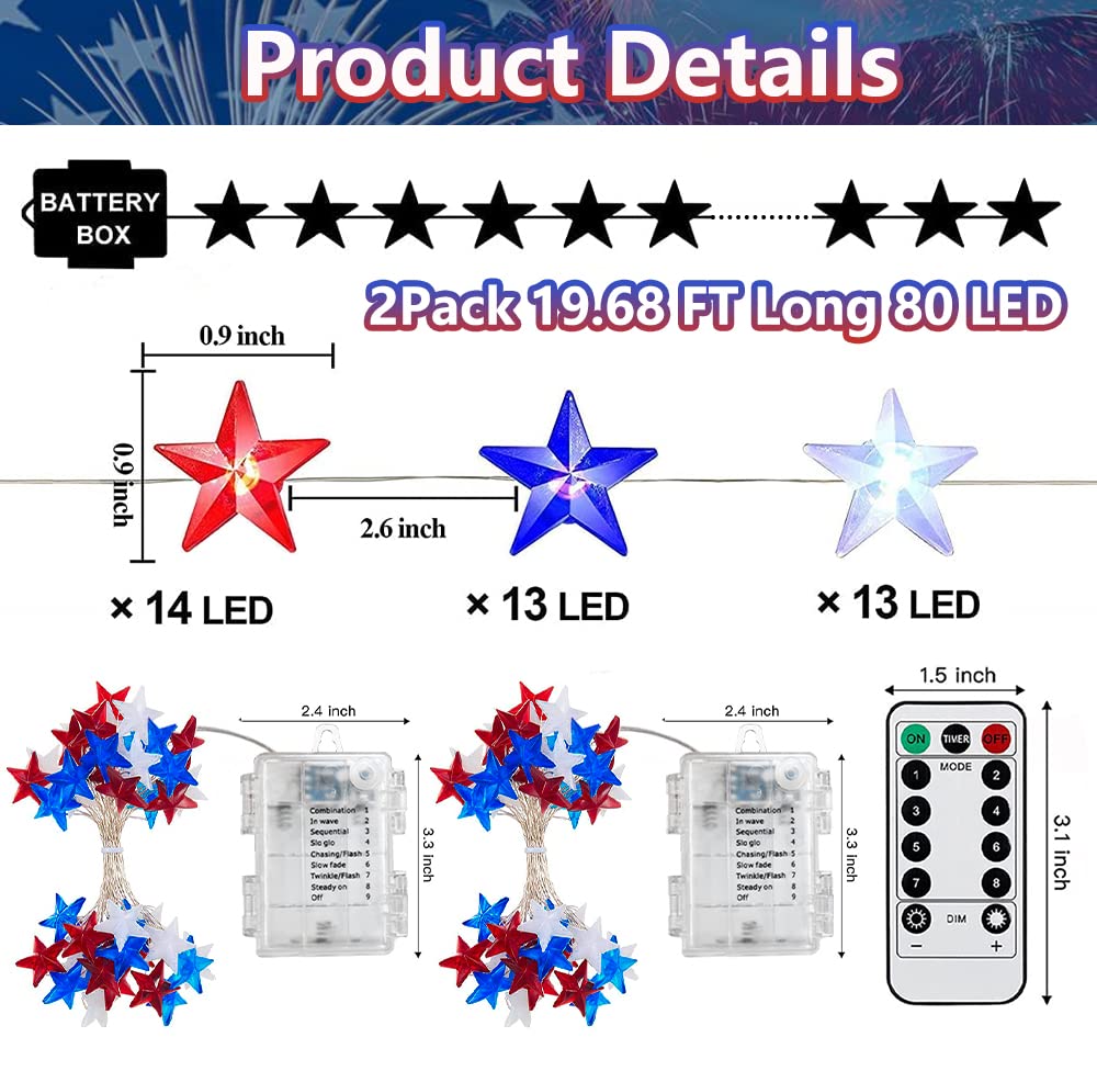 Couah 80 LED Fairy Lights - Battery Operated, 20FT, Red White Blue - Indoor Outdoor 4th of July Decorations