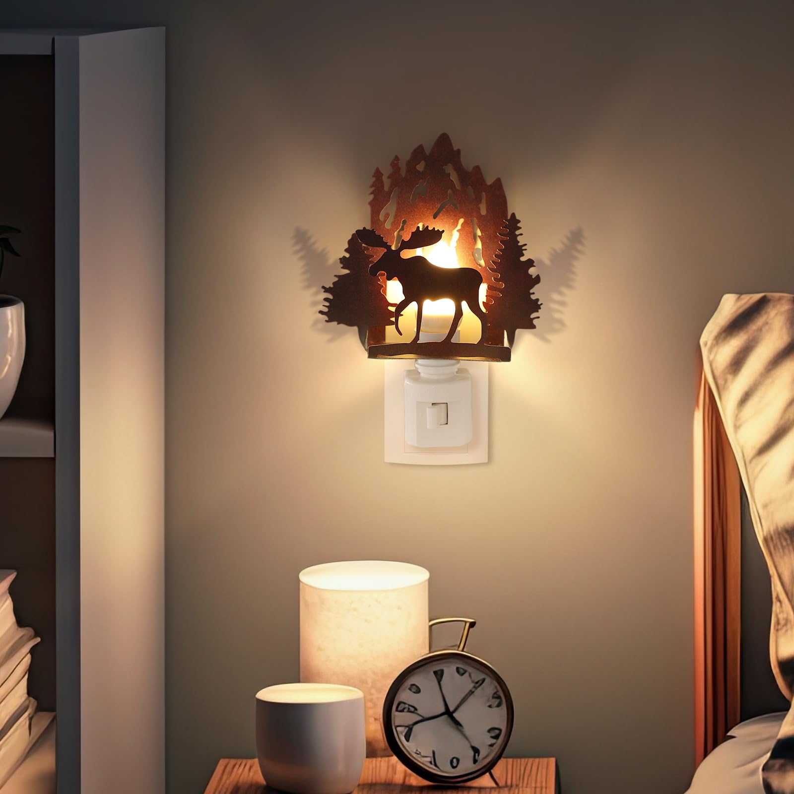 Tuanse Metal LED Night Light - Vintage Forest Moose Design, Red Brown, Model ER-Tuanse-1746, Perfect for Bedroom and Holiday Decor