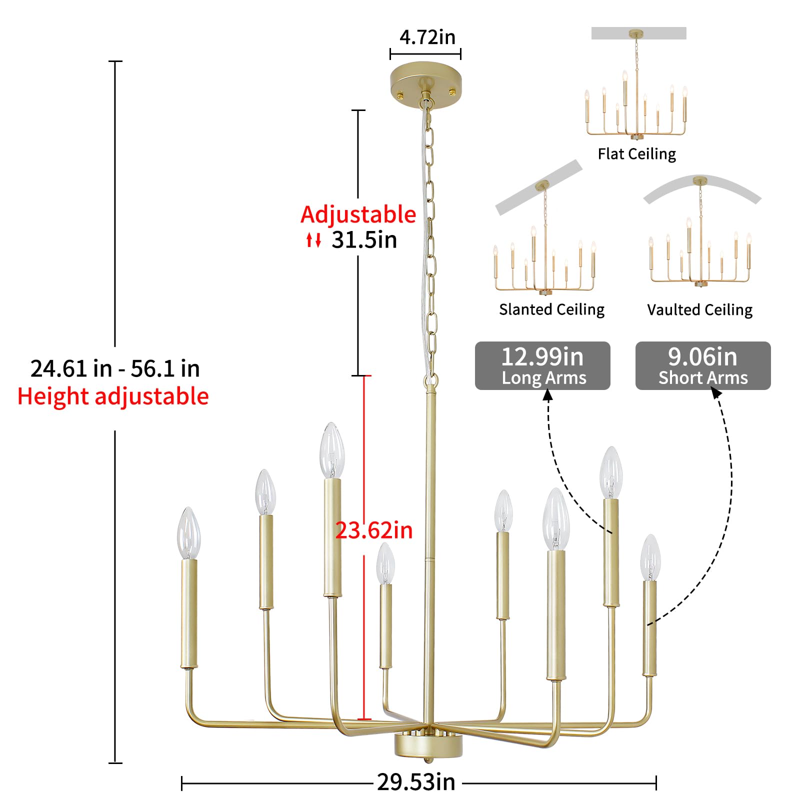 Rviezza 8-Light Gold Chandeliers - Modern Rustic Candle Pendant Light for Dining Room, Living Room, Entryway, Foyer, Kitchen