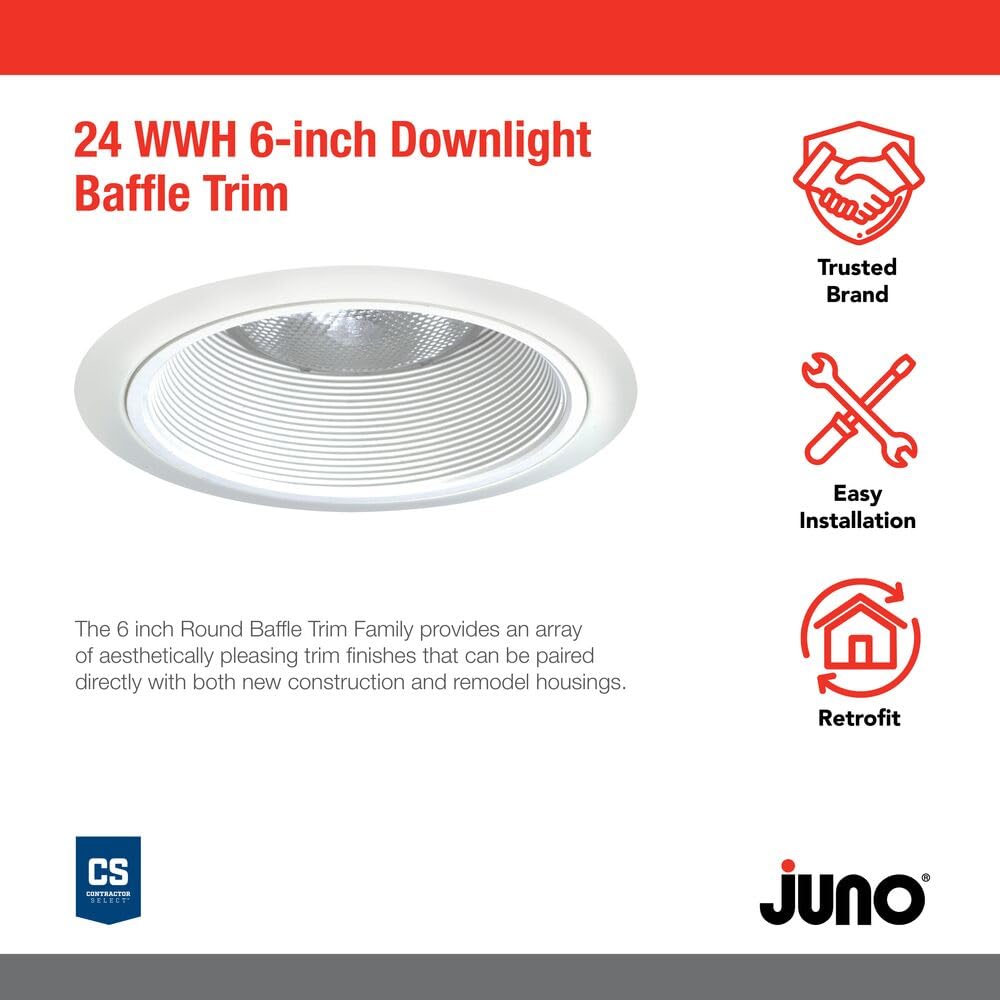 Juno Lighting Contractor Select 24W-Wh 6-Inch Tapered Recessed Light, Downlight Baffle White With White Trim