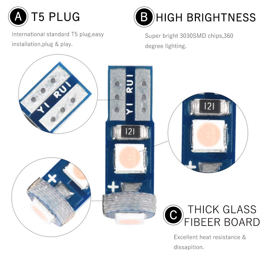 1797 T5 LED Bulb, Pink Purple 3030 SMD Wedge Base, 12V 1W, Dashboard Lights for Car & Truck, 10 Pack, Auto Interior Accessories