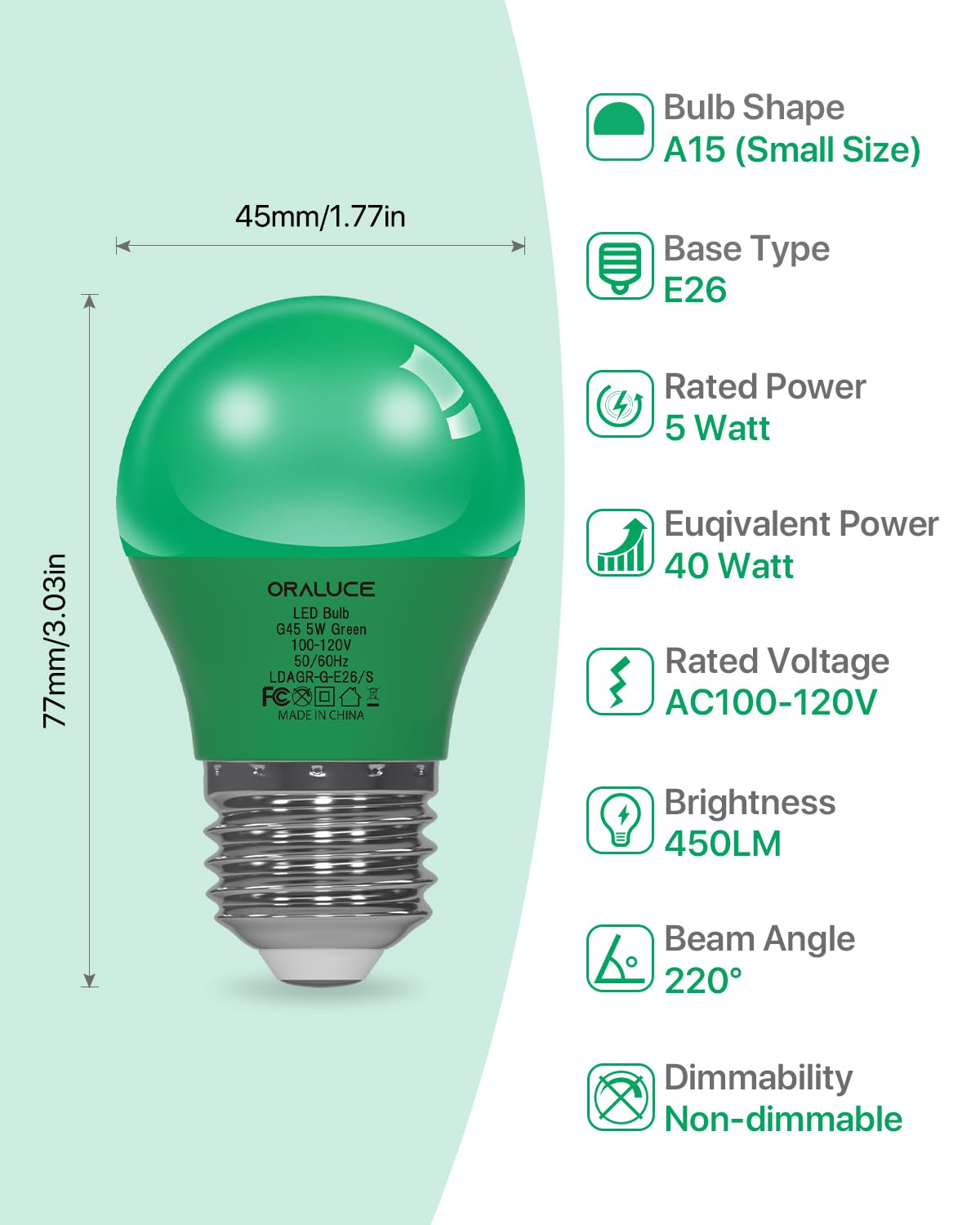 Oraluce Green Porch Light Bulb 40 Watt Equivalent,A15 Led Bulbs For Halloween Christmas Party Decoration And Lighting,Colored Light Bulb With E26 Base,5W 450Lm Non-Dimmable,6 Pack.