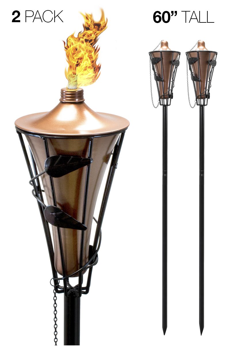 Matney Outdoor Metal Patio Torches - 60 Inch, 2 Pack, Bronze, Fiberglass Wick, Snuffer Cap for Deck, Patio, Backyard, and Weddings