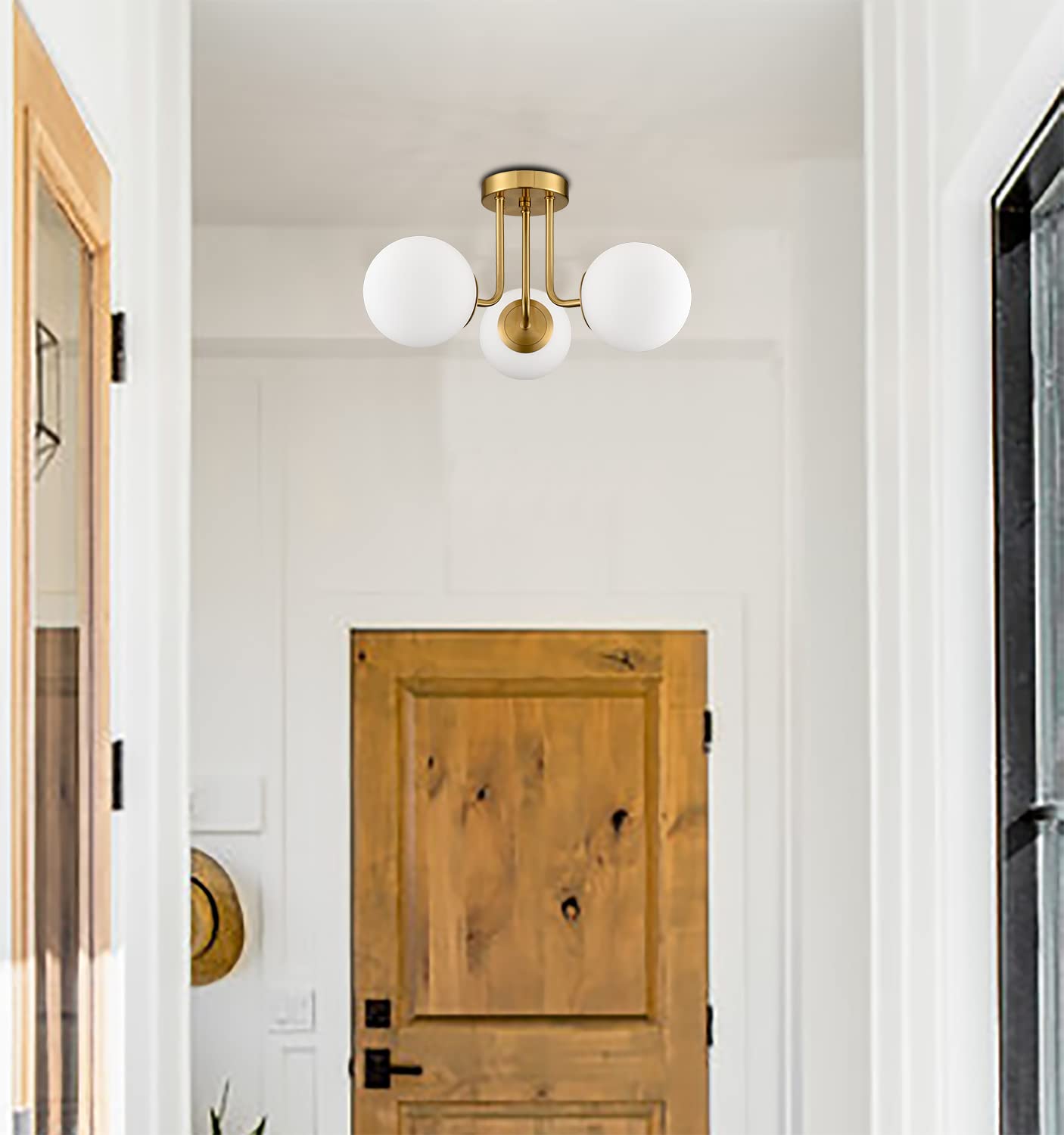 Shawnkey Modern Brass Gold 3-Light Semi Flush Mount Ceiling Light With White Glass Shade