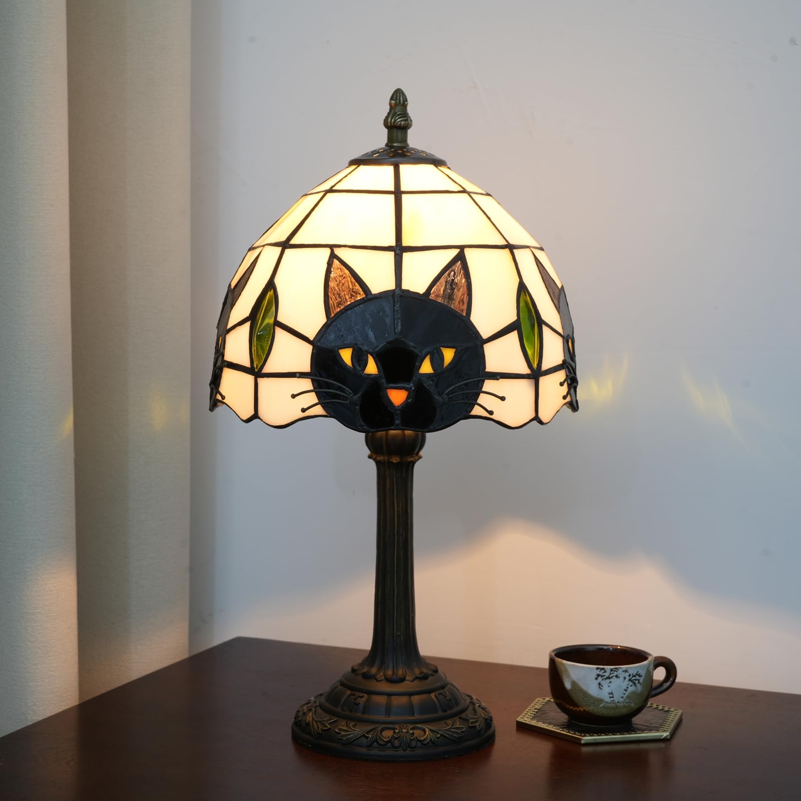 Tiffany Style Black Cat Stained Glass Table Lamp Cute Small Quirky Table Lamp Bedroom Bedside lamp Living Room Dining Room Offic