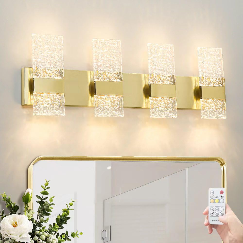 Modern Brushed Gold 8-Lights Bathroom Vanity Light  Eleglant Brass Led Bathroom Light Fixtures Over Mirror  Dimmable Acrylic Shade Wall Lighting Fixtures  Hardwired Wall Light(H9.25In  L28.35In)