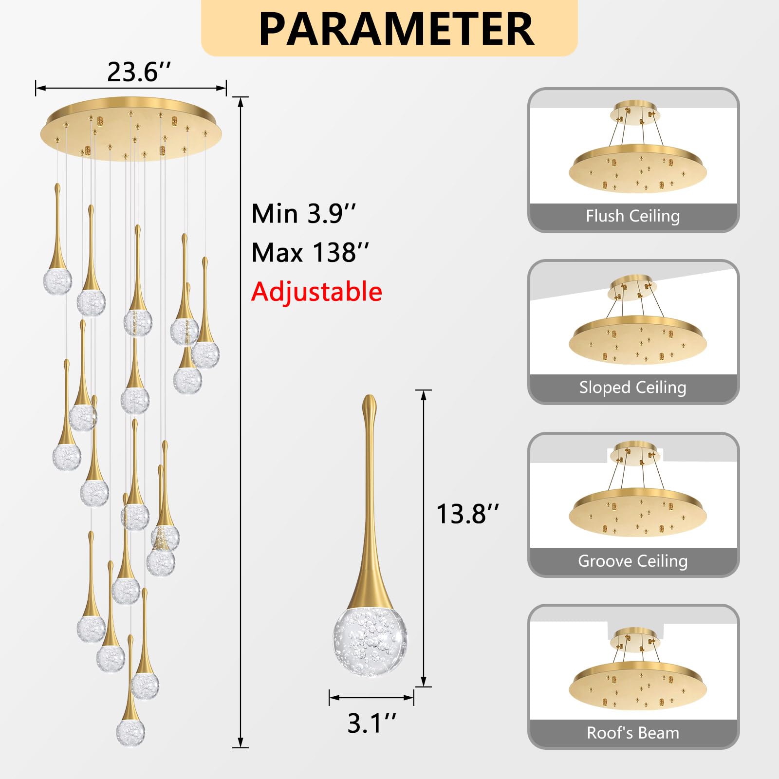 Cenozo 18-Light Modern Glam Crystal Chandelier, Gold Metal, LED Dimmable, Perfect for High Ceilings and Staircases, Model RS2037-18G