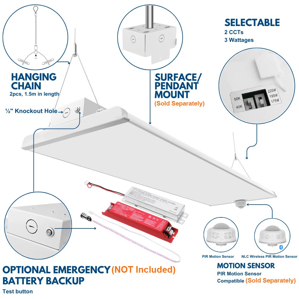 Konlite Pack Of 2 Alta Led High Bay Light - 4Ft - 225W/195W/175W - 37,600 Lumens - 5000K/4000K Selectable - 120-277V - 600W Meta