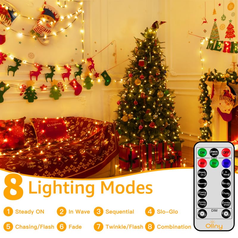 Ollny Christmas Lights, 198 FT, 600 LED, Waterproof, 8 Modes, Remote Timer, Warm White, Model HG-29V610C