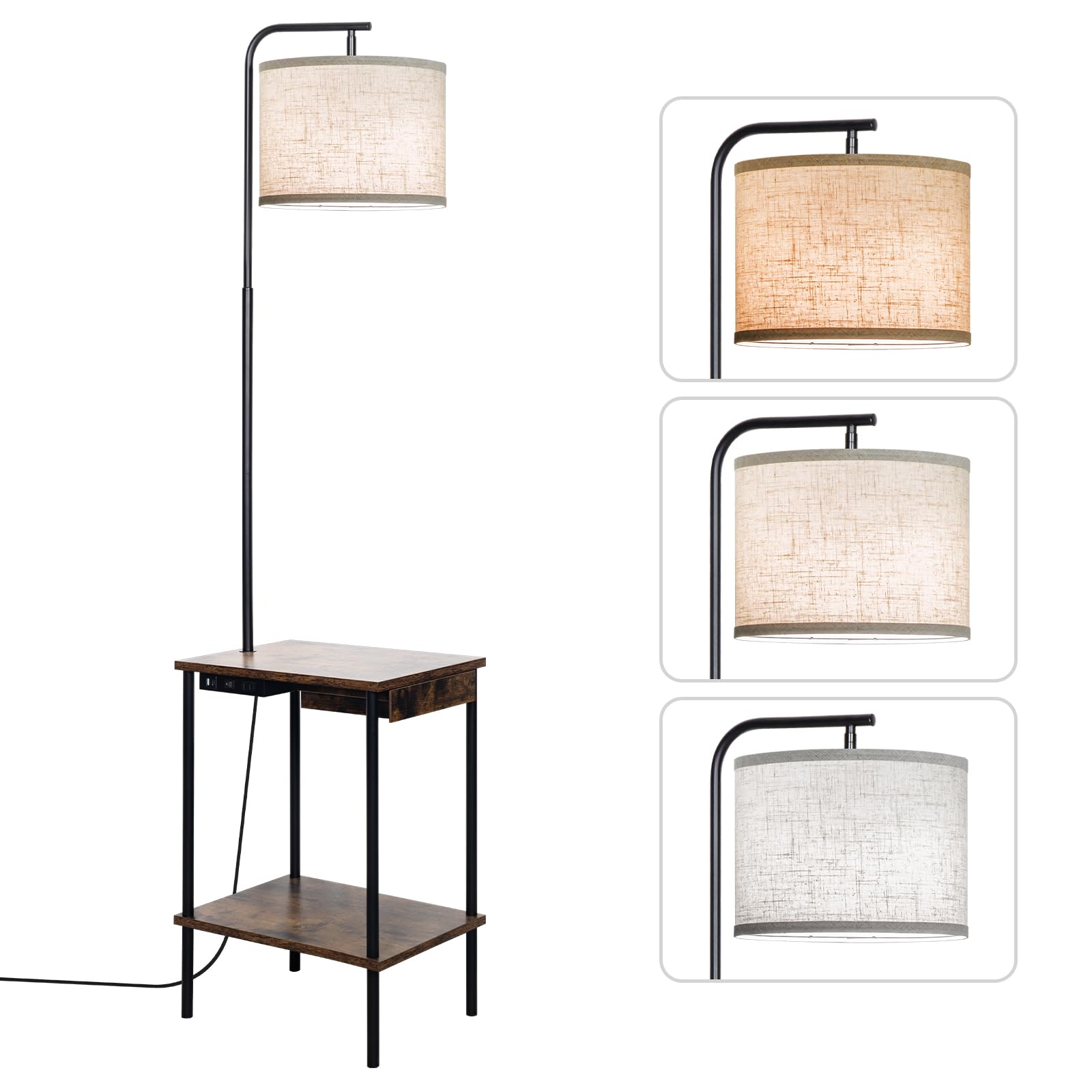 Eoeyyoyb Floor Lamp With Table & Drawers, End Table Lamp With Usb Charging Portt Power Outlet And Shelves, Side Table Reading Li