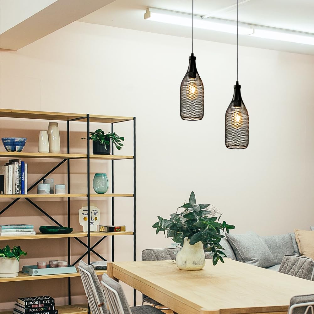 JHY DESIGN Hanging Lamp - Battery Powered Metal Cage Pendant - 13inH Wine Bottle Shape - Ideal for Indoor/Outdoor Use