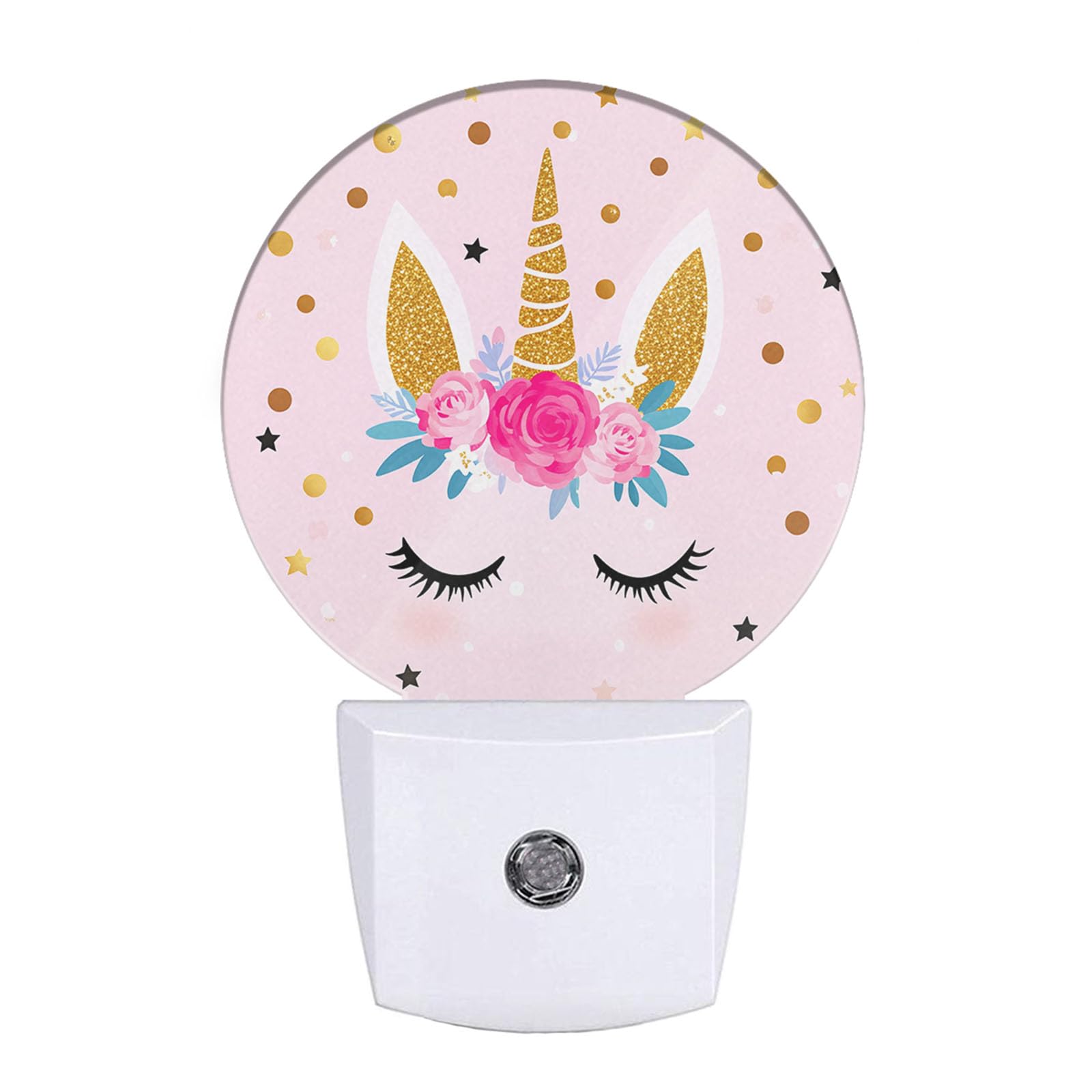 Ekobla Unicorn Pink Night Light Gold Golden Polk Dots Stars Night Lights Plug Into Wall With Dusk To Dawn Sensor Round Led Lamp For Teen Girls Fun Novelty Gift